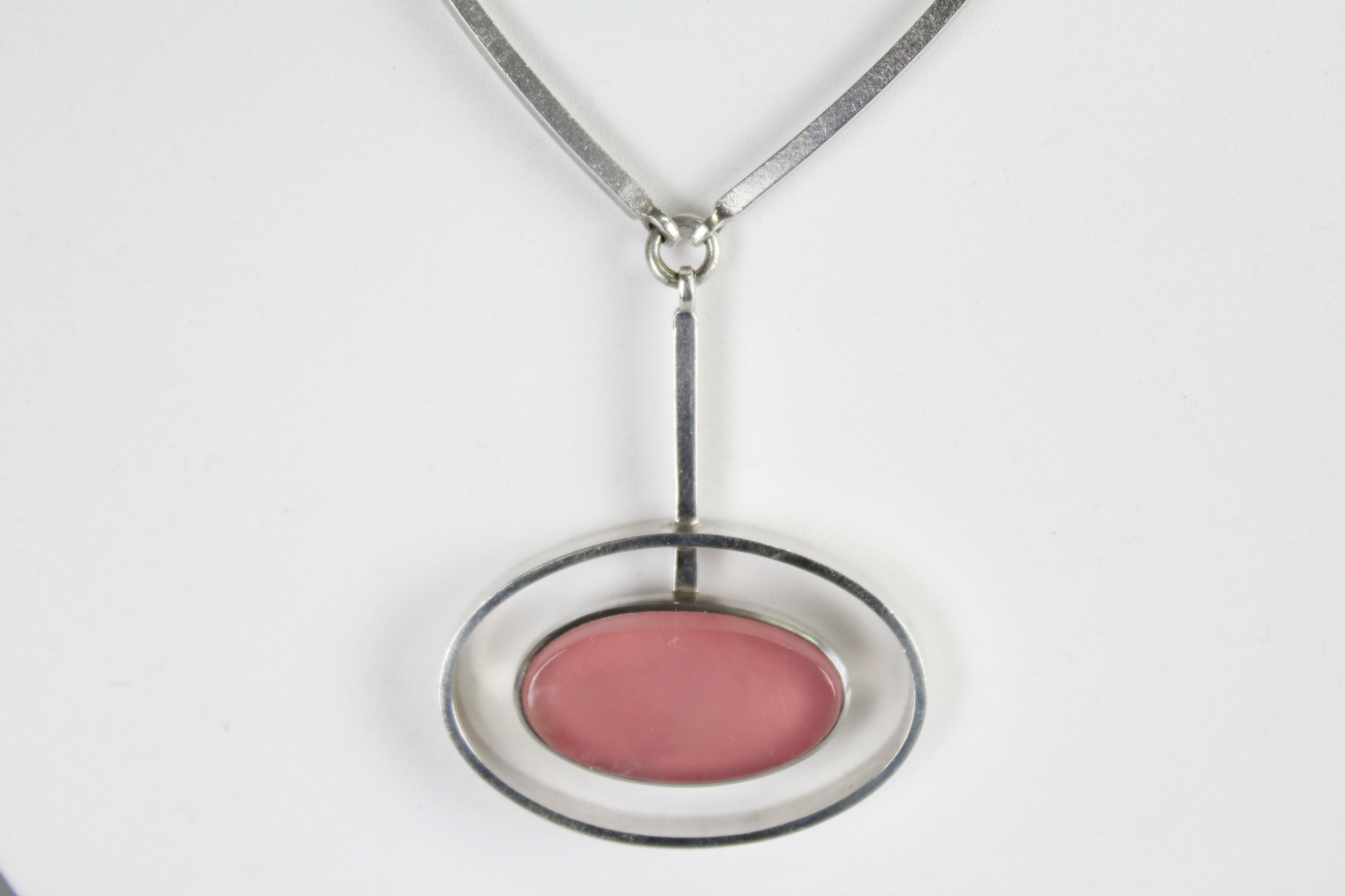 Oval Cut Niels Erik From, Scandinavian Modern Necklace in Sterling Silver and Rose Quartz