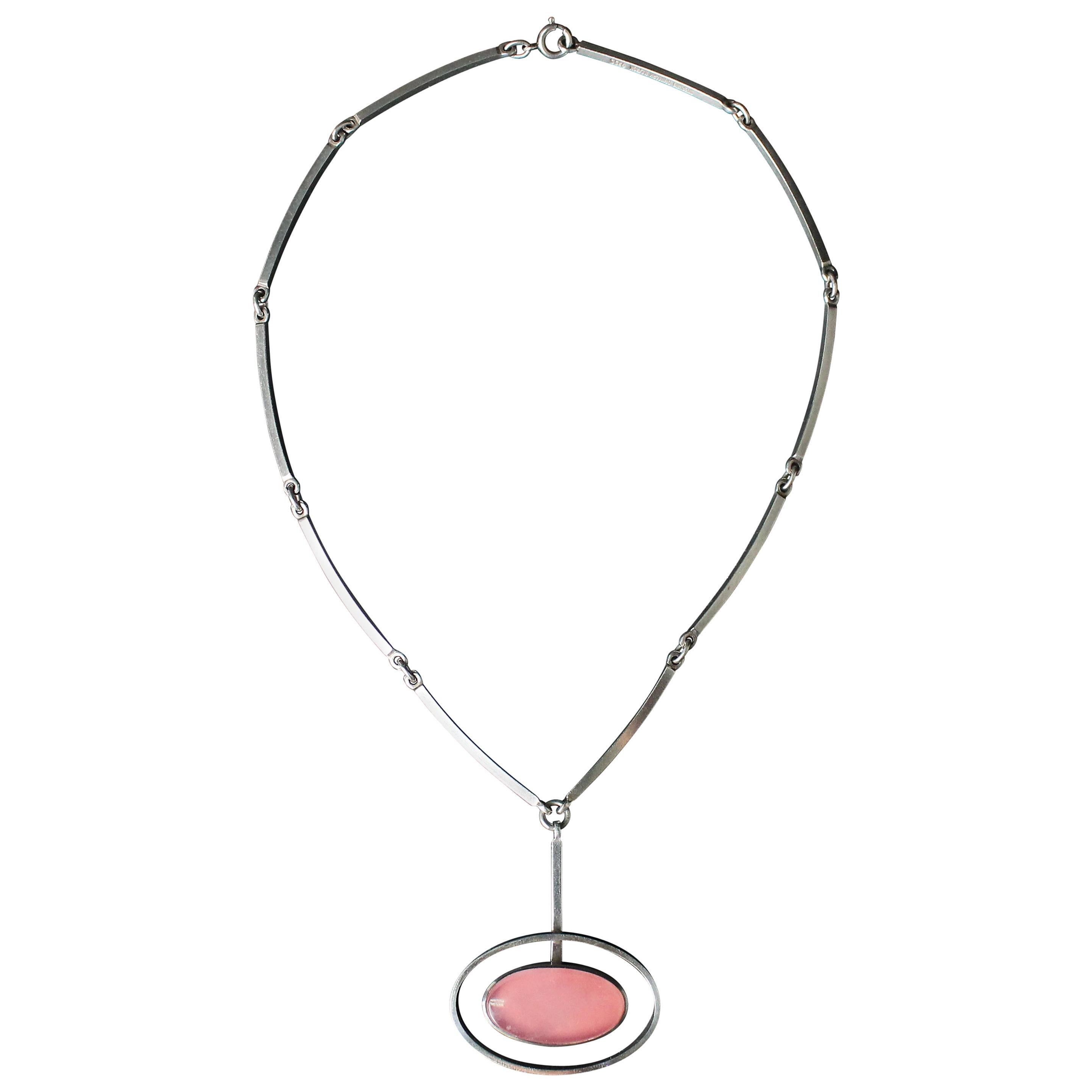 Niels Erik From, Scandinavian Modern Necklace in Sterling Silver and Rose Quartz