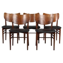 Niels & Eva Koppel Set of Six Chairs in Beech and Nut, Black Leather, 1950s