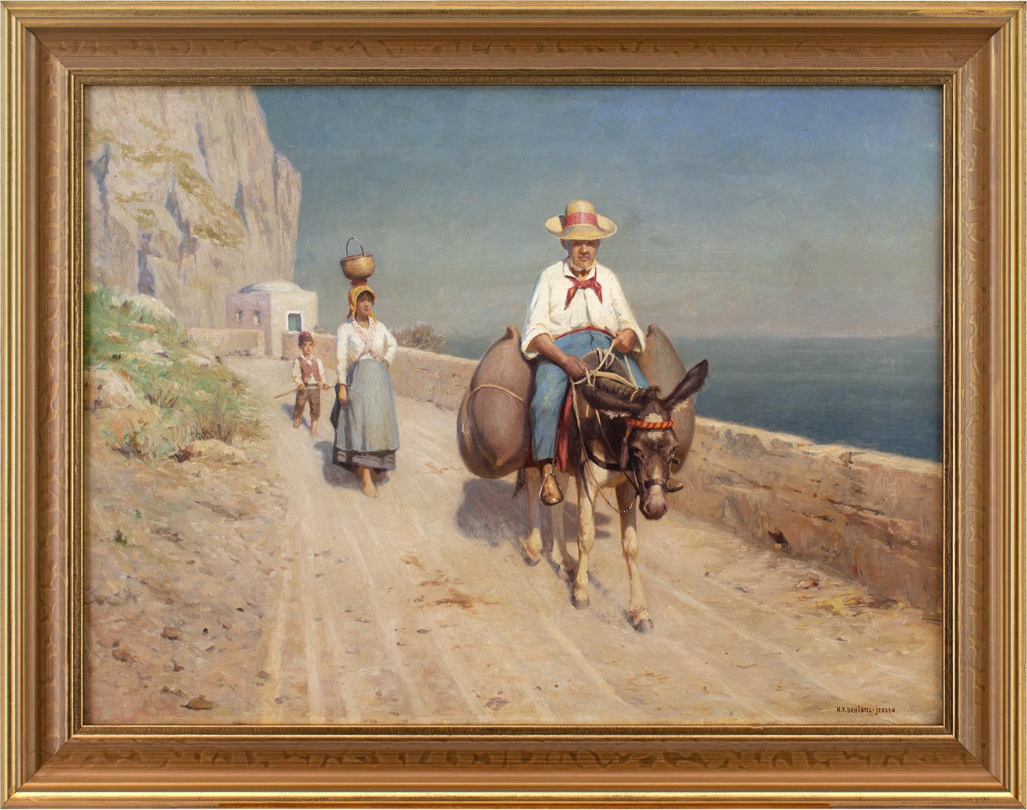Dieses beschwingte Ölgemälde des dänischen Künstlers Niels Frederik Schiøttz-Jensen (1855-1941) aus dem späten 19. Jahrhundert zeigt eine Küstenansicht von Capri, Italien, mit einer reisenden Familie. Schiøttz-Jensen war ein gefeierter Maler von