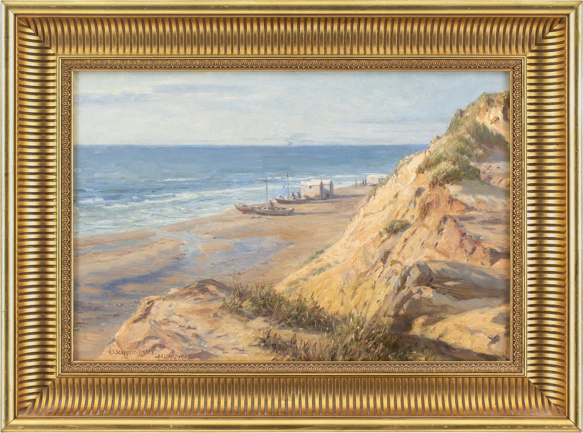 Dieses Ölgemälde des dänischen Künstlers Niels Frederik Schiøttz-Jensen (1855-1941) aus dem frühen 20. Jahrhundert zeigt eine malerische Ansicht des Strandes von Lønstrup, Jütland.

Von unserem Aussichtspunkt oben auf den Klippen ist der Strand mit
