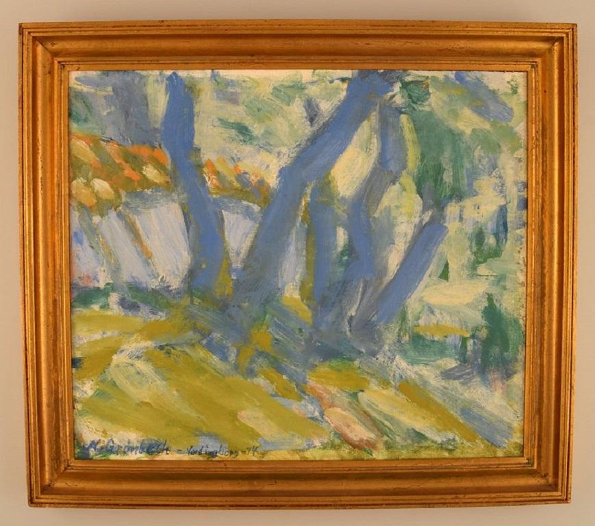 Niels Grønbech (1907-1991), Danish painter. Oil on board. 
Modernist landscape. Vordingborg. 
Dated 1974.
The board measures: 34 x 29 cm.
The frame measures: 3.5 cm.
In excellent condition.
Signed and dated.

Price example: A painting by NG