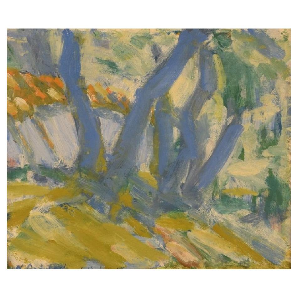 Niels Grønbech '1907-1991', Dänischer Maler, Öl auf Karton, Modernistische Landschaft im Angebot