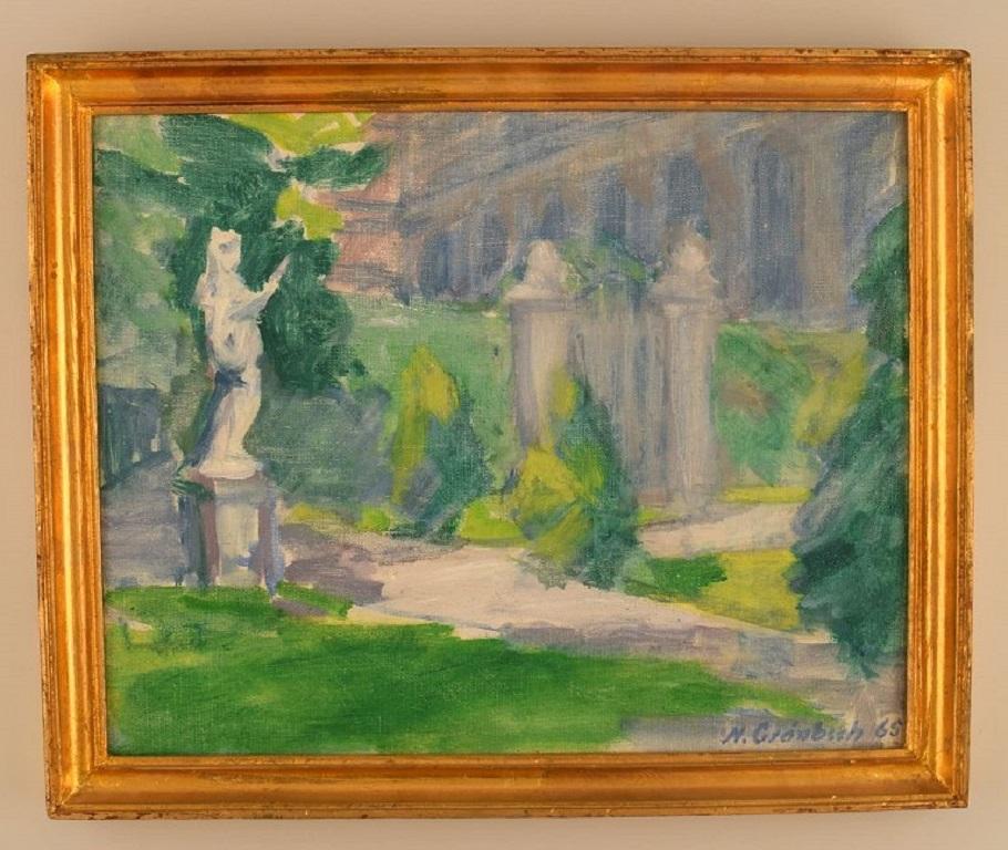 Niels Grønbech (1907-1991), Danish painter. Oil on board. 
Modernist park motif. Dated 1965.
The board measures: 33.5 x 26.5 cm.
The frame measures: 2.5 cm.
In excellent condition.
Signed and dated.

Price example: A painting by NG sold March