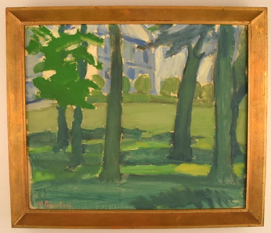 Niels Grønbech (1907-1991), Danish painter. Oil on canvas. 
Modernist park motif with trees. 1960/70's.
The canvas measures: 49 x 41 cm.
The frame measures: 3.5 cm.
In excellent condition.
Signed and dated.

Price example: A painting by NG