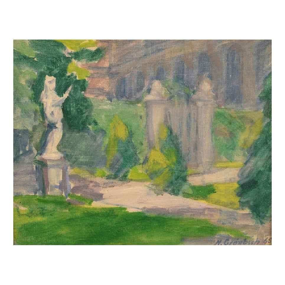 Niels Grønbech, peintre danois, huile sur panneau, motif de parc moderniste