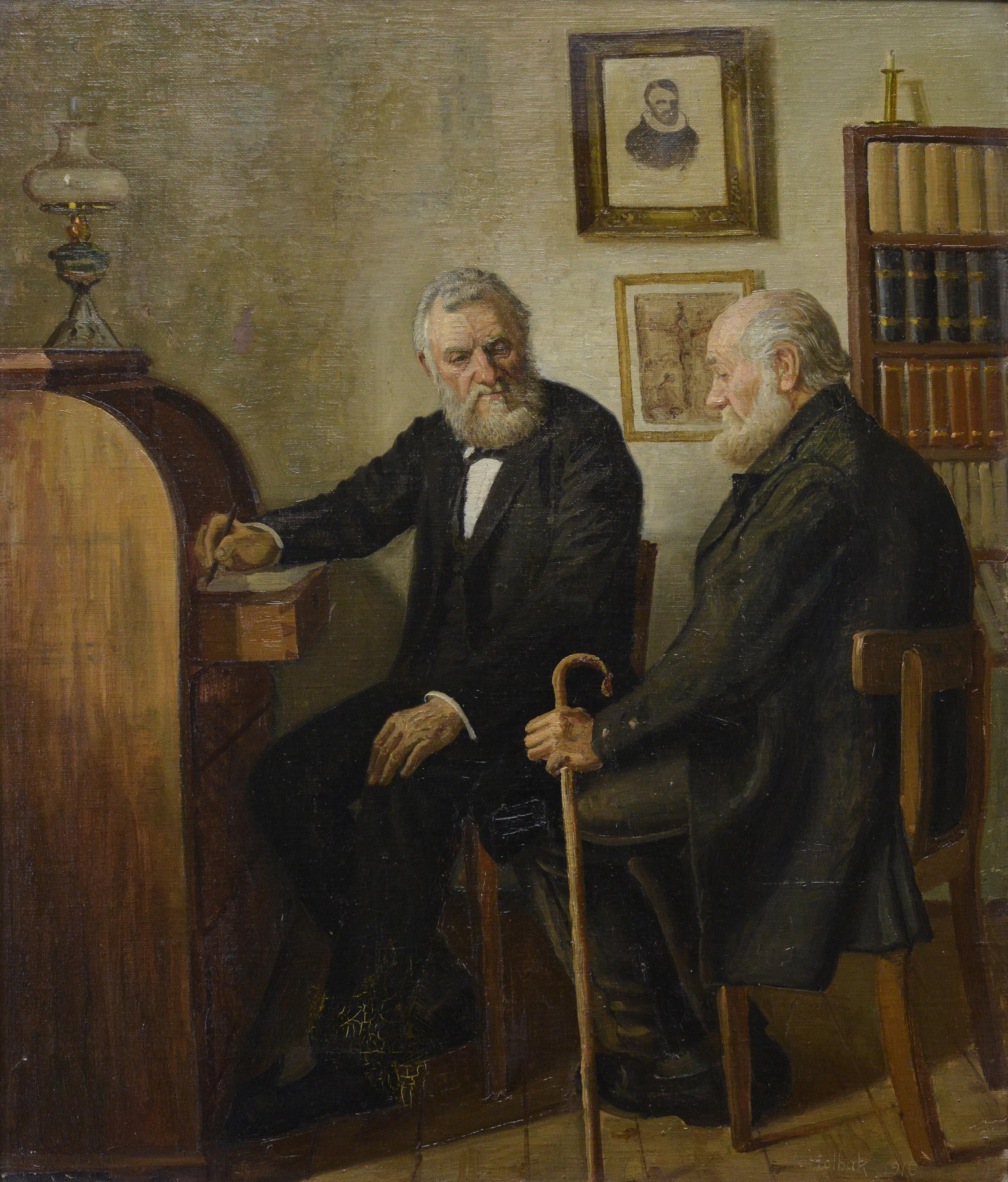 1916 Dänische Schule Innenszene Ölgemälde Zwei alte Herren signiert gerahmt (Realismus), Painting, von Niels Holbak