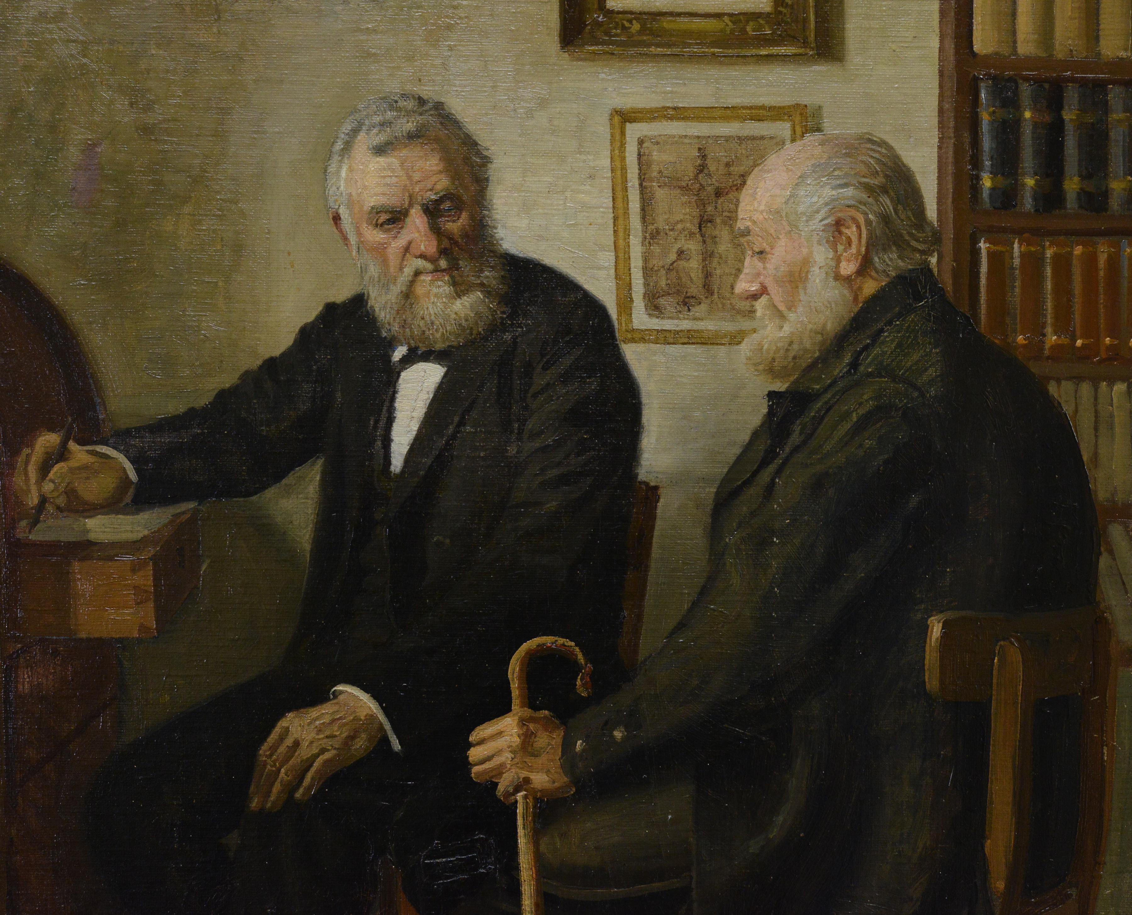 1916 Dänische Schule Innenszene Ölgemälde Zwei alte Herren signiert gerahmt (Braun), Figurative Painting, von Niels Holbak