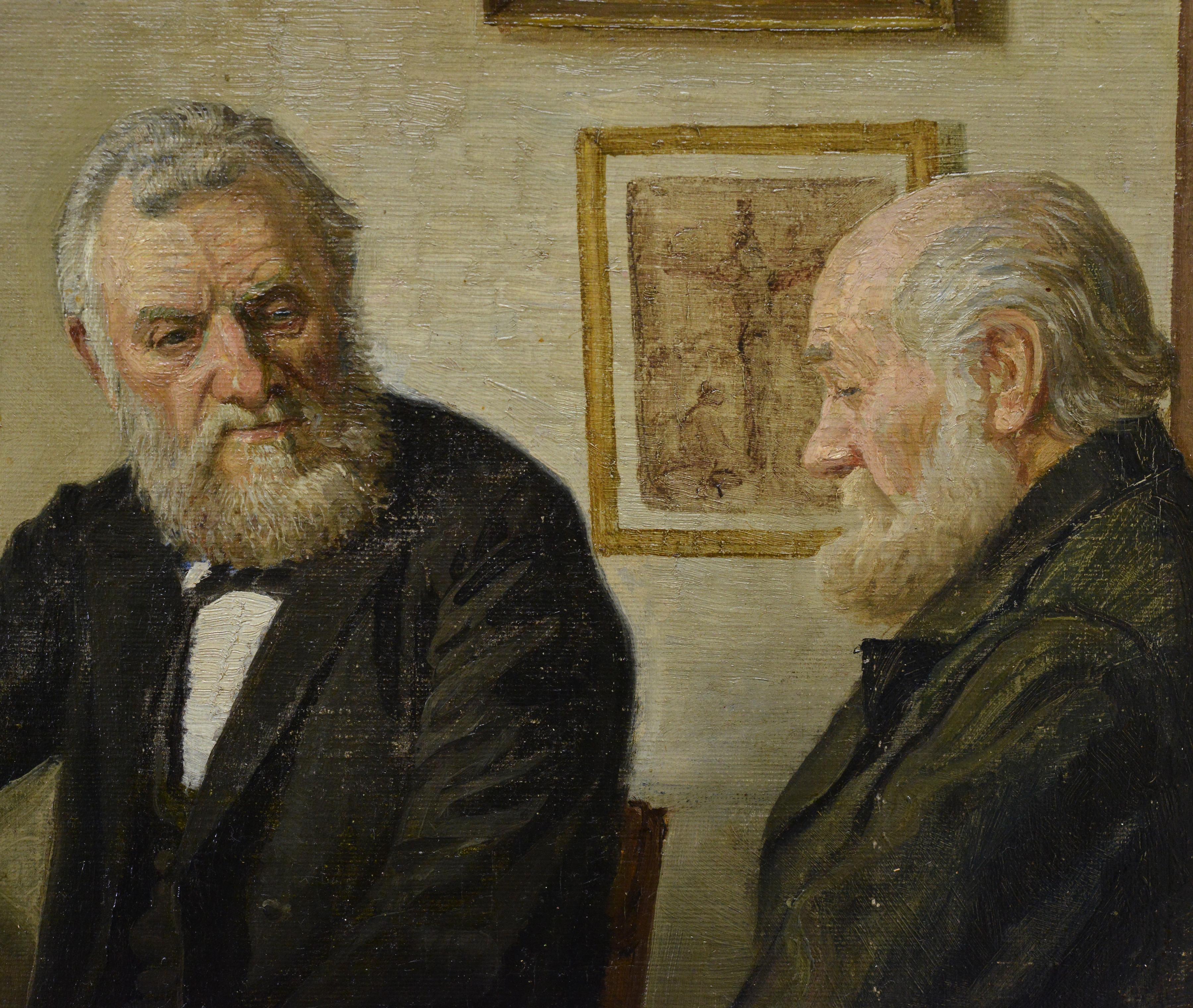 Auf diesem Ölgemälde, das dem dänischen Künstler Niels Holbak (1884-1954) zugeschrieben wird, entfaltet sich eine erzählerische Szene mit zwei älteren Herren, die in einem gemütlichen Arbeitszimmer im viktorianischen Stil ein nachdenkliches Gespräch