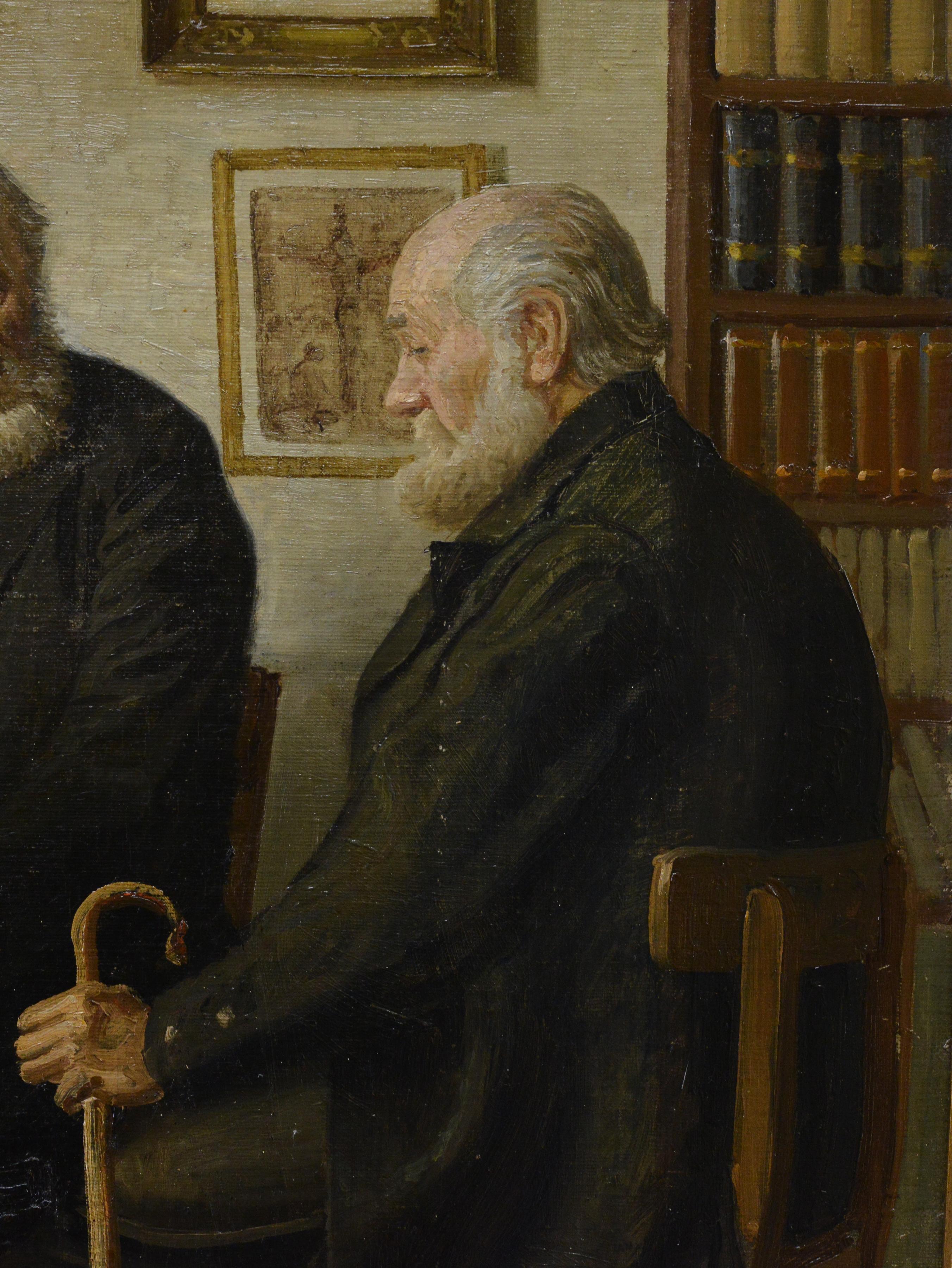 1916 Dänische Schule Innenszene Ölgemälde Zwei alte Herren signiert gerahmt im Angebot 2