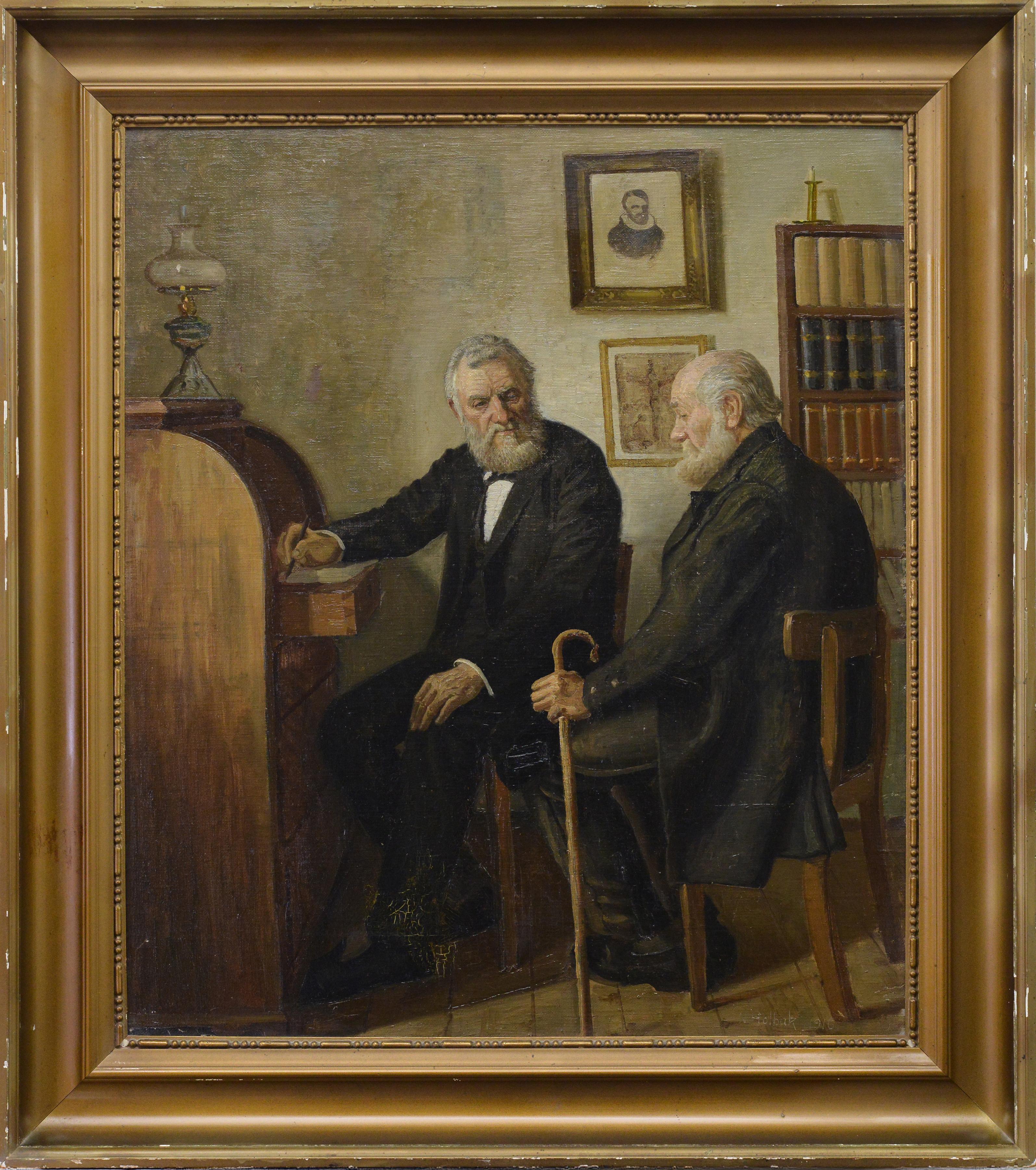 1916 Danish Interior Genre Painting Conversation w Reverend Scene Framed Oil