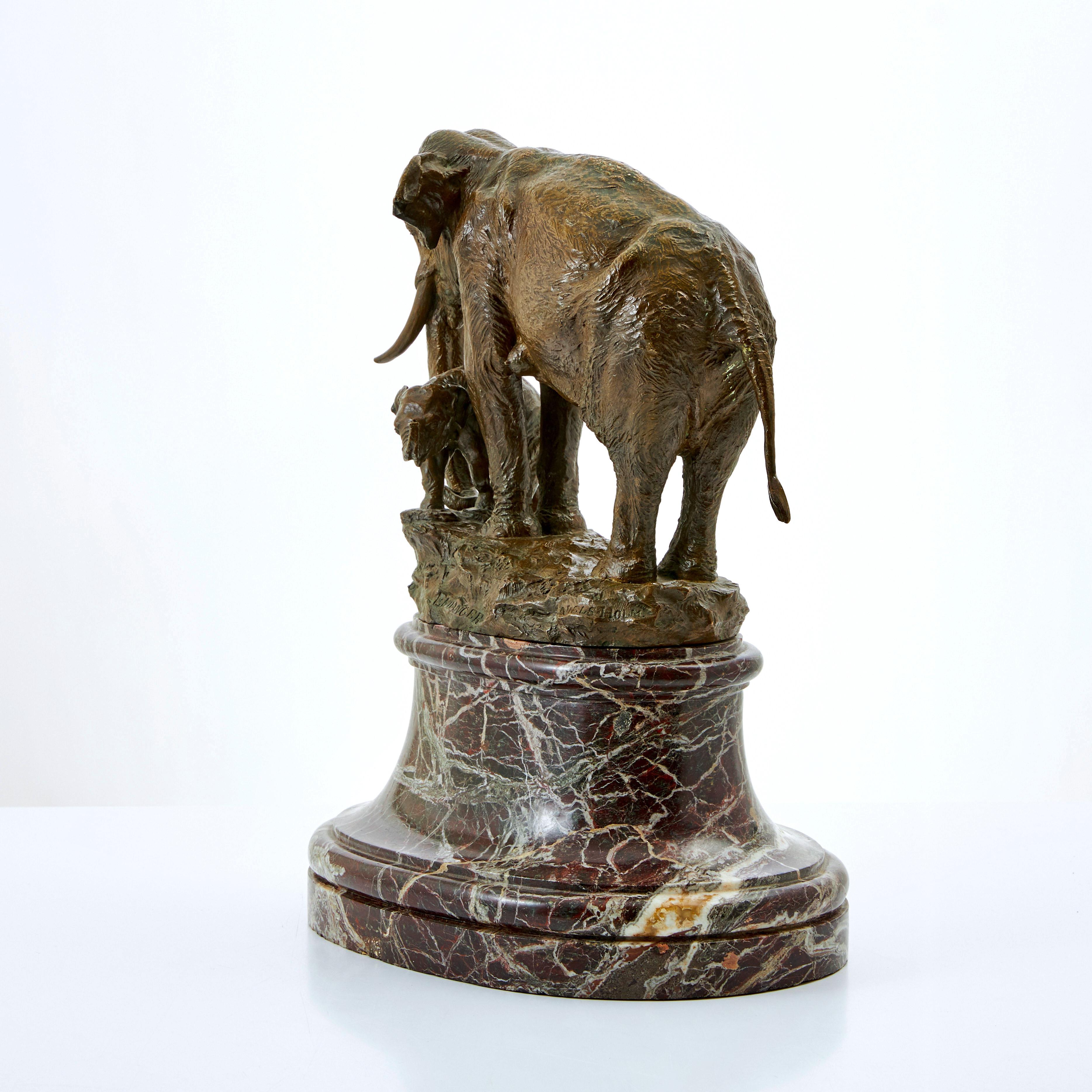 Elephant Sculpture, Bronze, Mother and Baby Elephant 19th Century, Marble Base.  For Sale 1