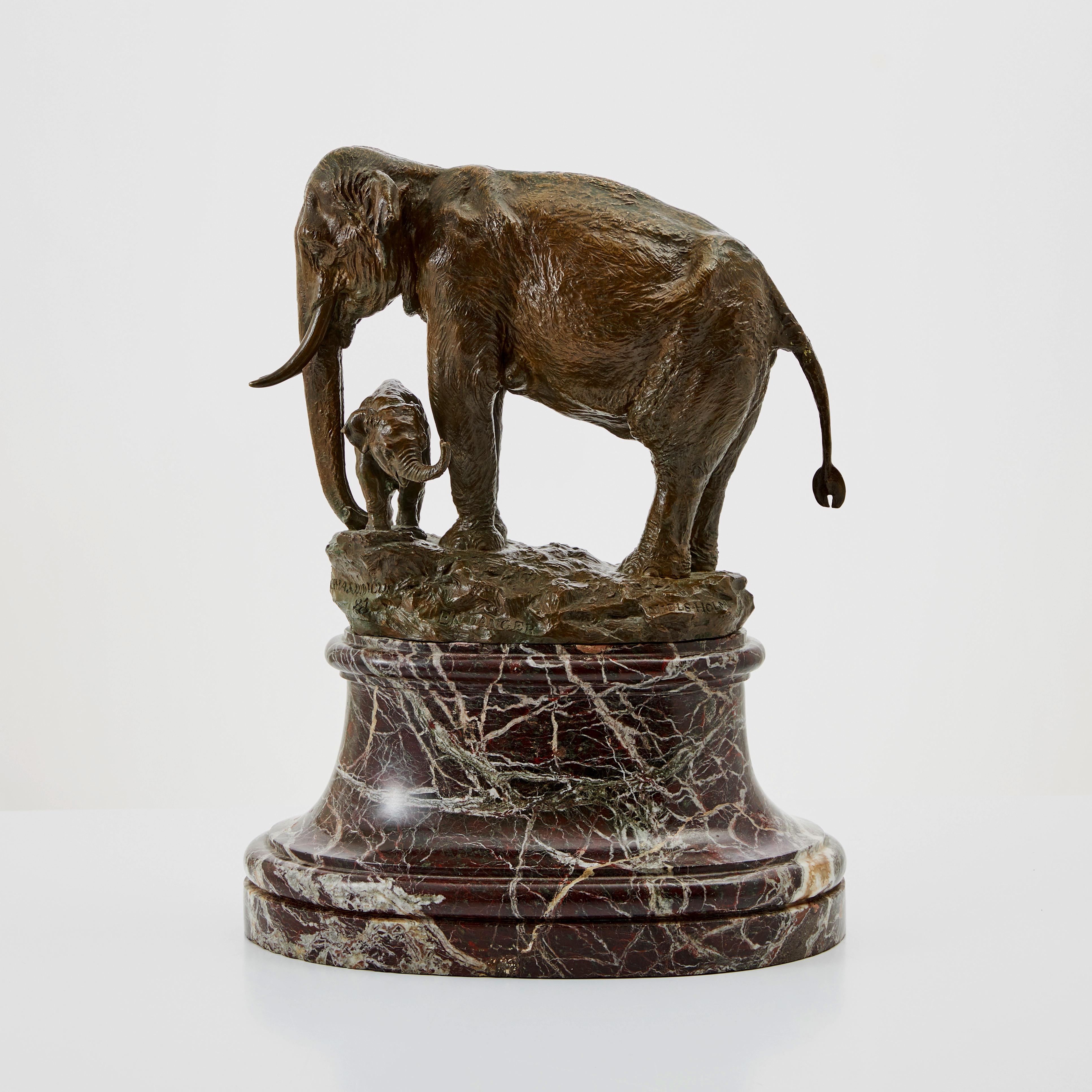 Elephant Sculpture, Bronze, Mother and Baby Elephant 19th Century, Marble Base.  For Sale 2