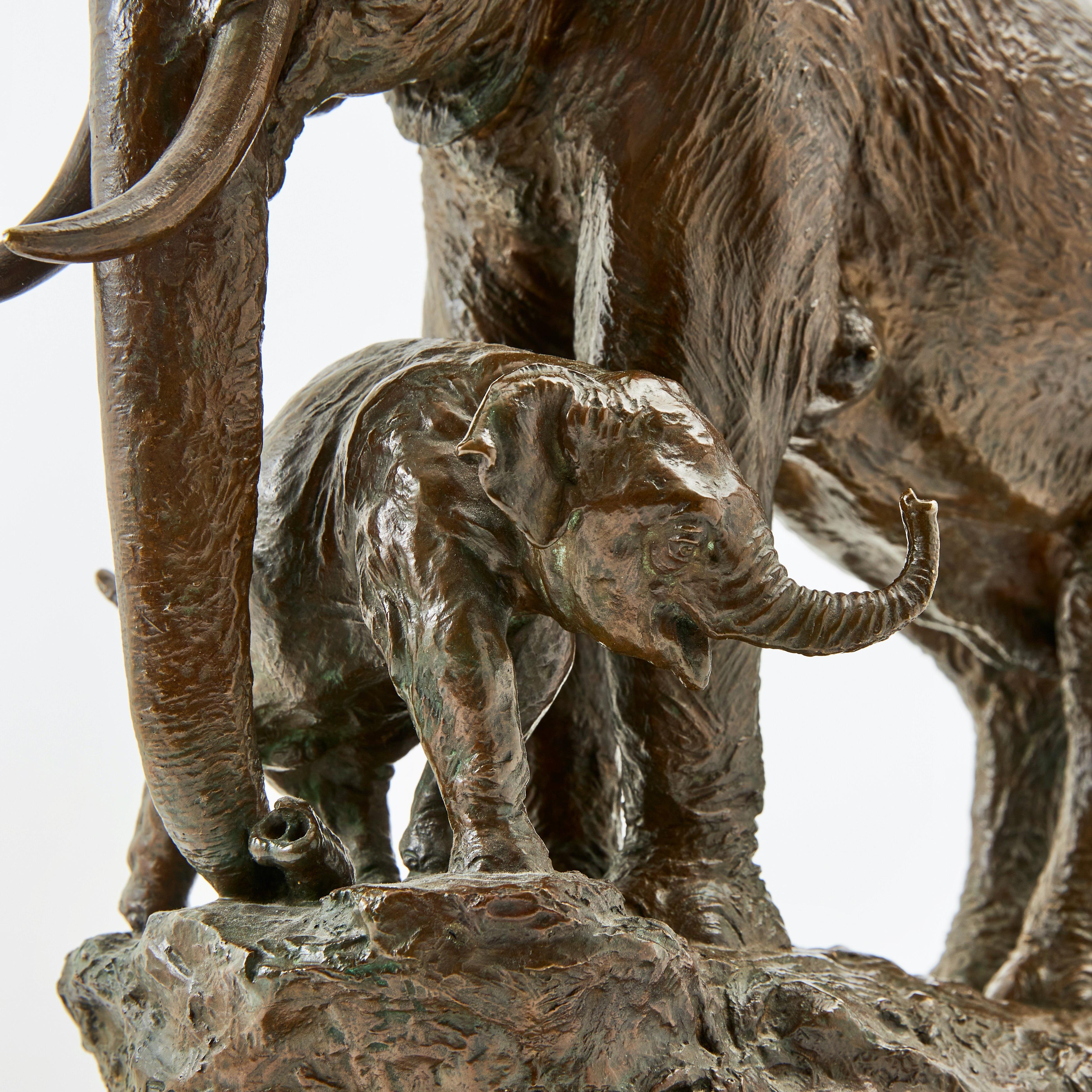 Elephant Sculpture, Bronze, Mother and Baby Elephant 19th Century, Marble Base.  For Sale 3