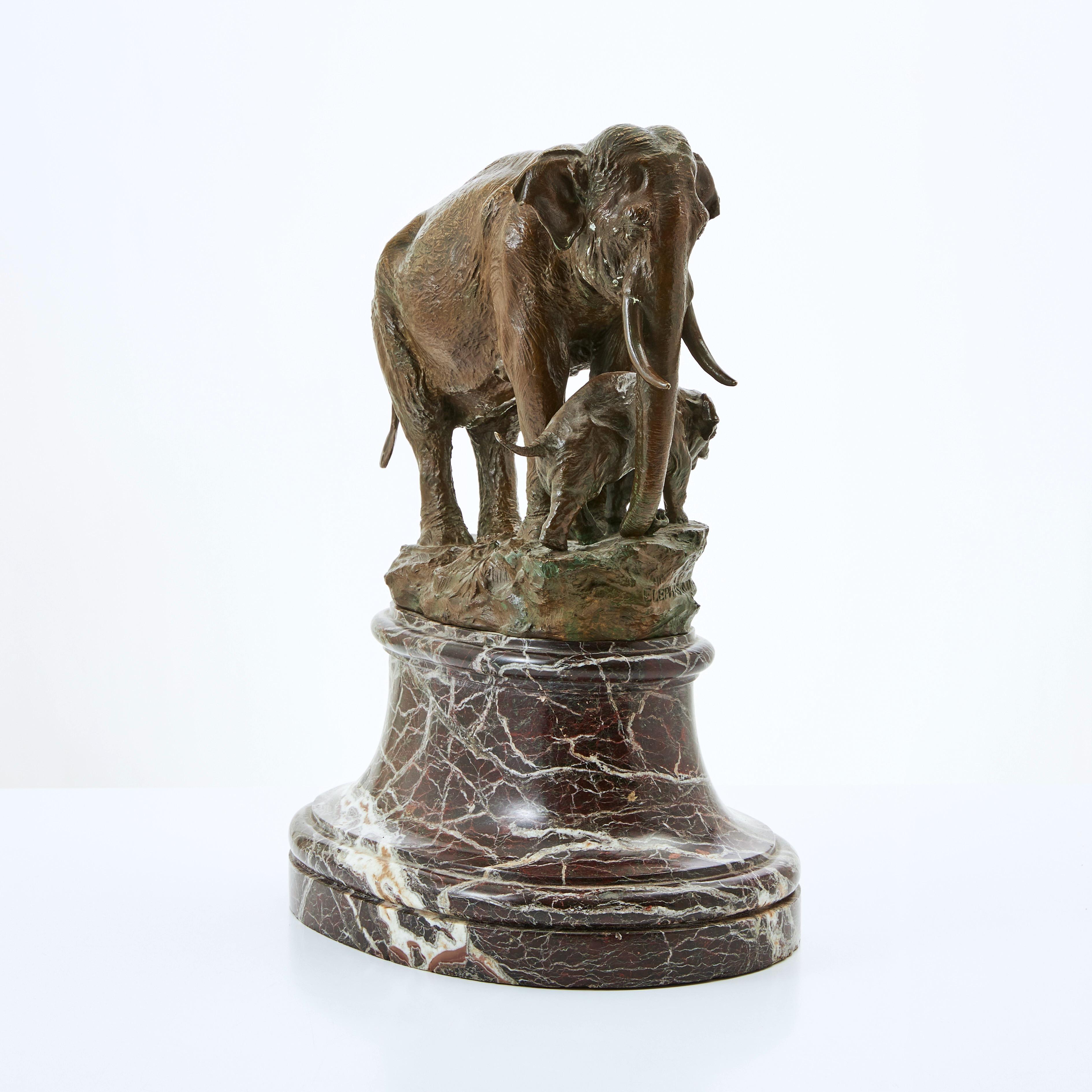 Niels Holm Figurative Sculpture - Elephant Sculpture, Bronze, Mother and Baby Elephant 19th Century, Marble Base. 