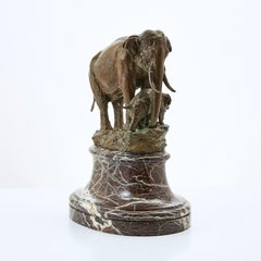 Antique Elephant Sculpture, Bronze, Mother and Baby Elephant 19th Century, Marble Base. 