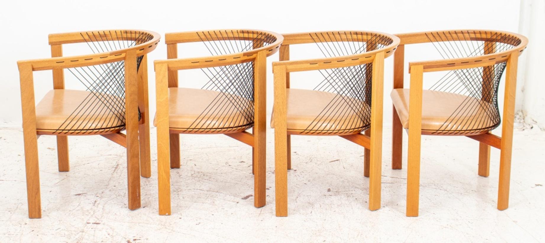 Group of four Danish Modern Niels Jorgen Haugesen (Danish, 1936-2013) for Tranekaer cherry wood string armchairs with tan vegan leather upholstered seat, maker's labels to underside.

Dimensions: 25.5