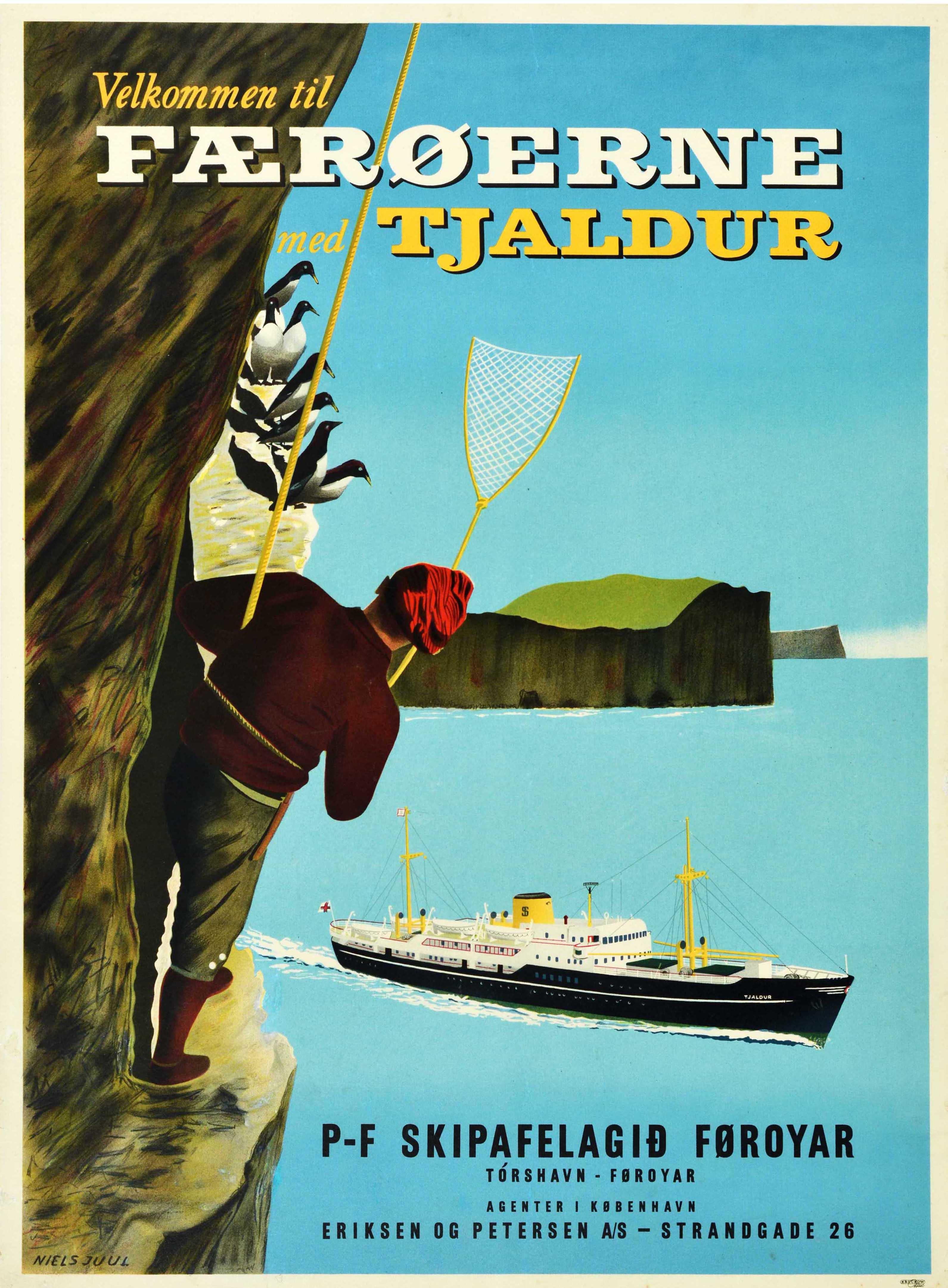 Original vintage travel poster - Velkommen til Faeroerne med Tjaldur / Welcome to the Faroe Islands - featuring a man secured with rope around his waist holding a net and walking along a narrow ledge of a rocky cliff towards oystercatcher birds