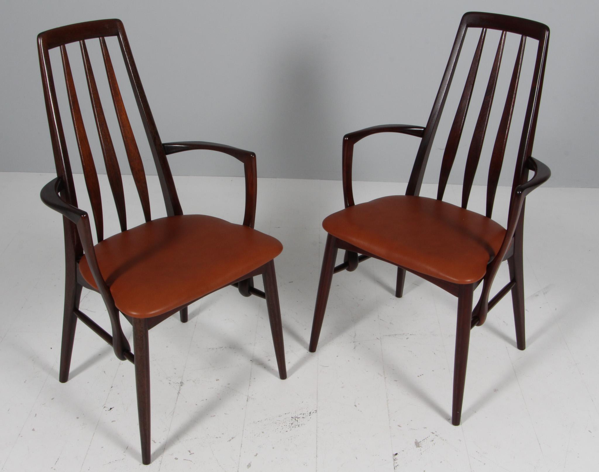 Niels Koefoed armchair made in solid mahogany.

New upholstered in full grain pure cognac aniline leather.

Model Eva, made by Niels Koefoeds Møbelfabrik Hornslet, 1960s.

       