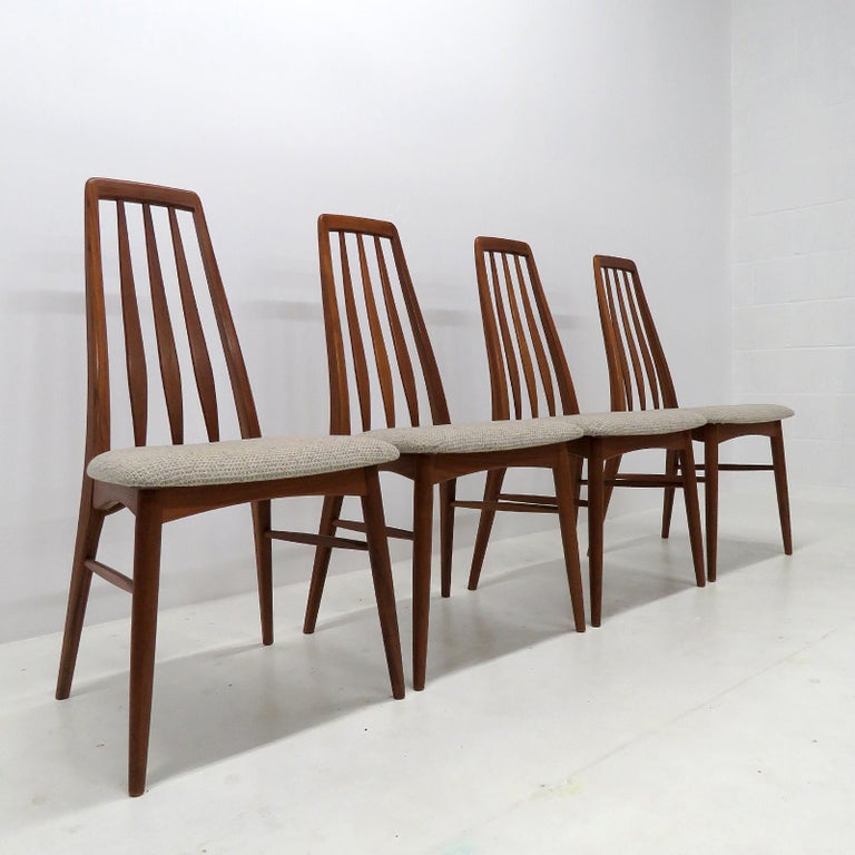Sculptural 1960s dining chairs designed by Niels Koefoed for Hornslet Møbelfabrik, with frames in teak and textured beige and faint blue wool upholstery, very comfortable, marked. Priced individually.