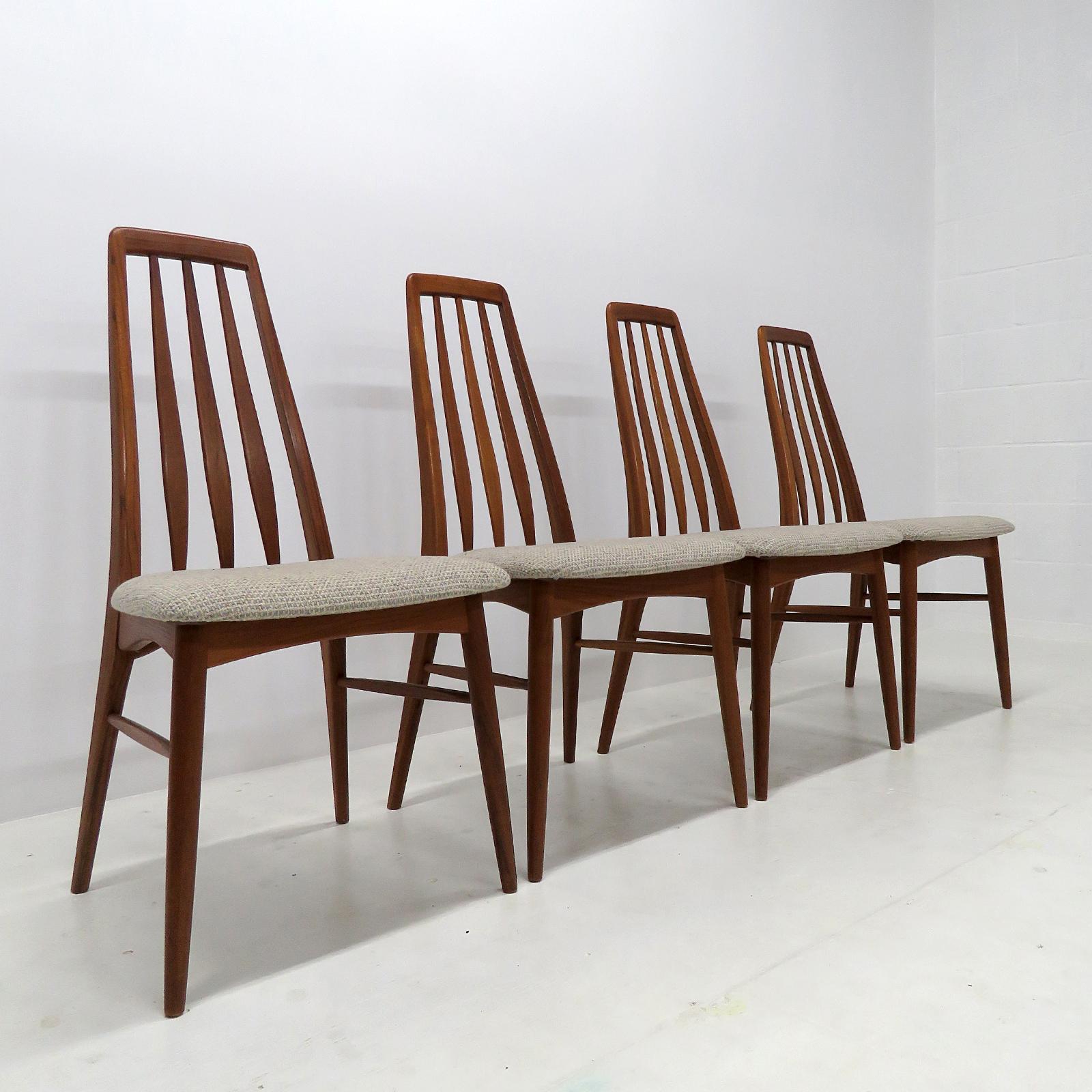 Sedie da pranzo scultoree degli anni '60 disegnate da Niels Koefoeds Hornslet Møbelfabrik, con struttura in teak e imbottitura in lana beige testurizzata, molto comode, segnate. 

Prezzo per set di 4 pezzi.
