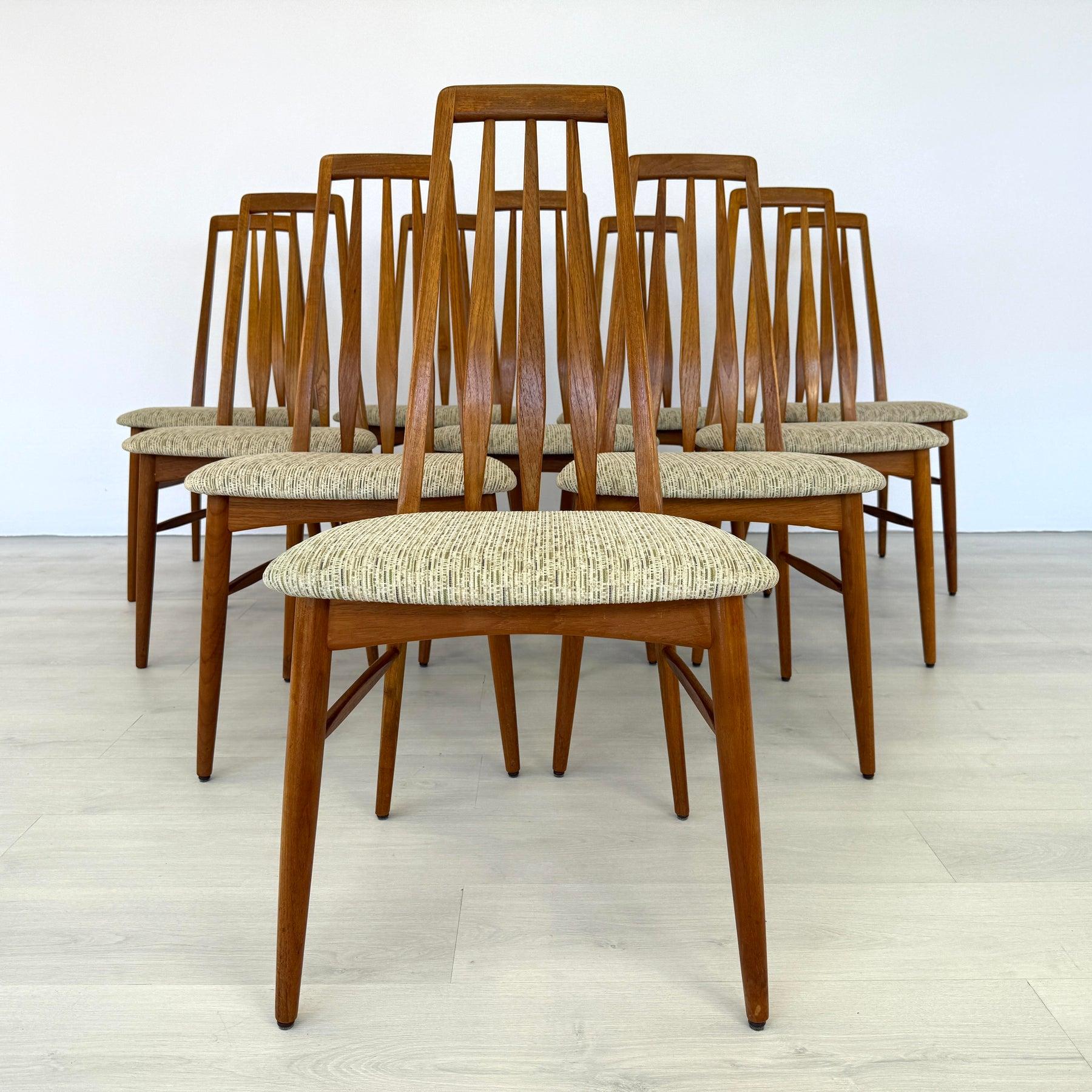 Dimensions: H 37.5” x W 18.3” x D 21” x SH 19”

Set of 10 teak “Eva” dining chairs, designed by Niels Koefoed for Hornslet Møbelfabrik with original upholstery. Comfortable and sturdy construction. Marked.

Please see our other listings for ideas