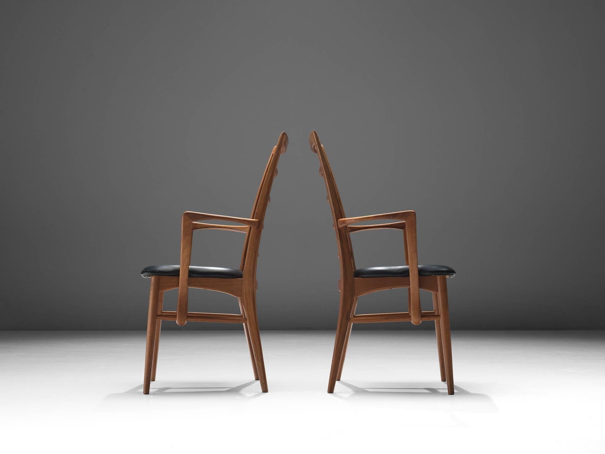 Niels Koefoed for Koefoeds Møbelfabrik, dining chairs 'Liz', teak, black leather, Denmark, circa 1968.

This set of side chairs is designed by Niels Koefoed for Koefoeds Møbelfabrik. These chairs main feature is their high back with horizontal