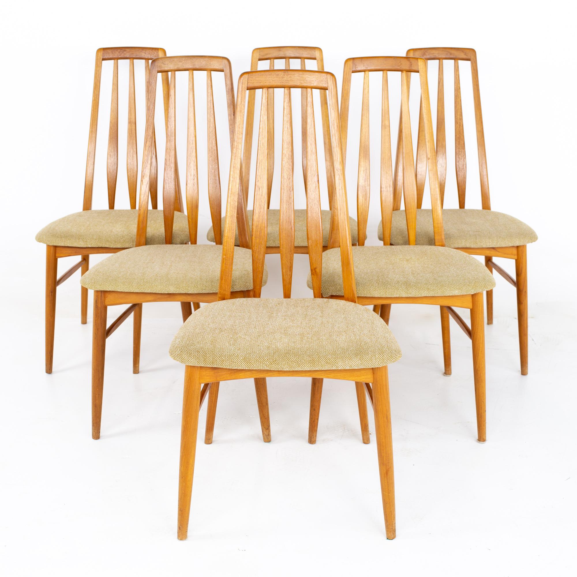 Niels Koefoeds Hornslet mid century eva teak dining chairs - set of 6
Each chair measures: 18.75 wide x 19 deep x 37.75 high, with a seat height of 17.5 inches 

All pieces of furniture can be had in what we call restored vintage condition. That