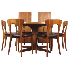 Niels Kofoed, 6 Chairs and Dining Table, Model Peter, Teak, Brown Leather