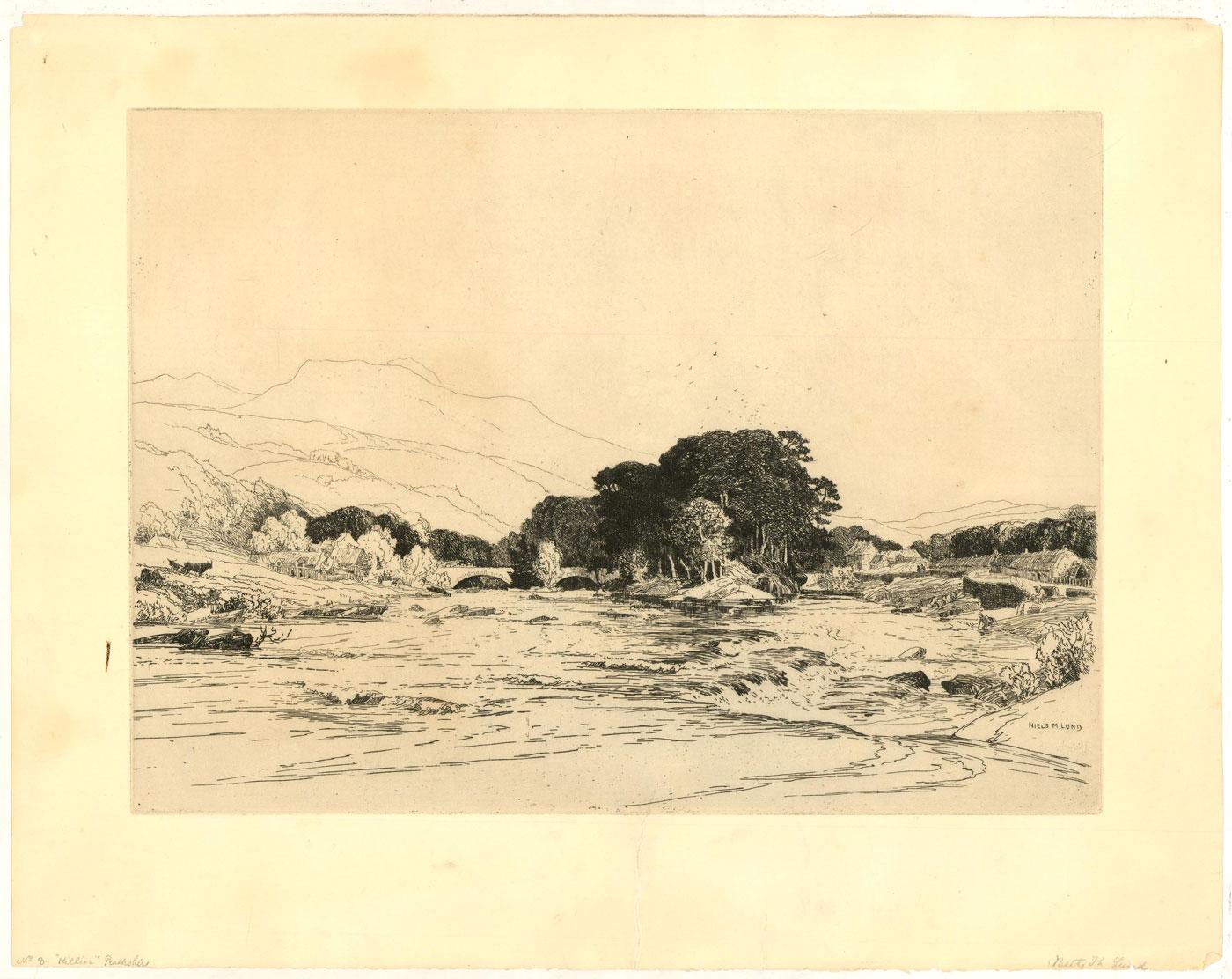Niels M. Lund (1863-1916) - Signed c. 1916 Etching, Killin, Perthshire For Sale 1