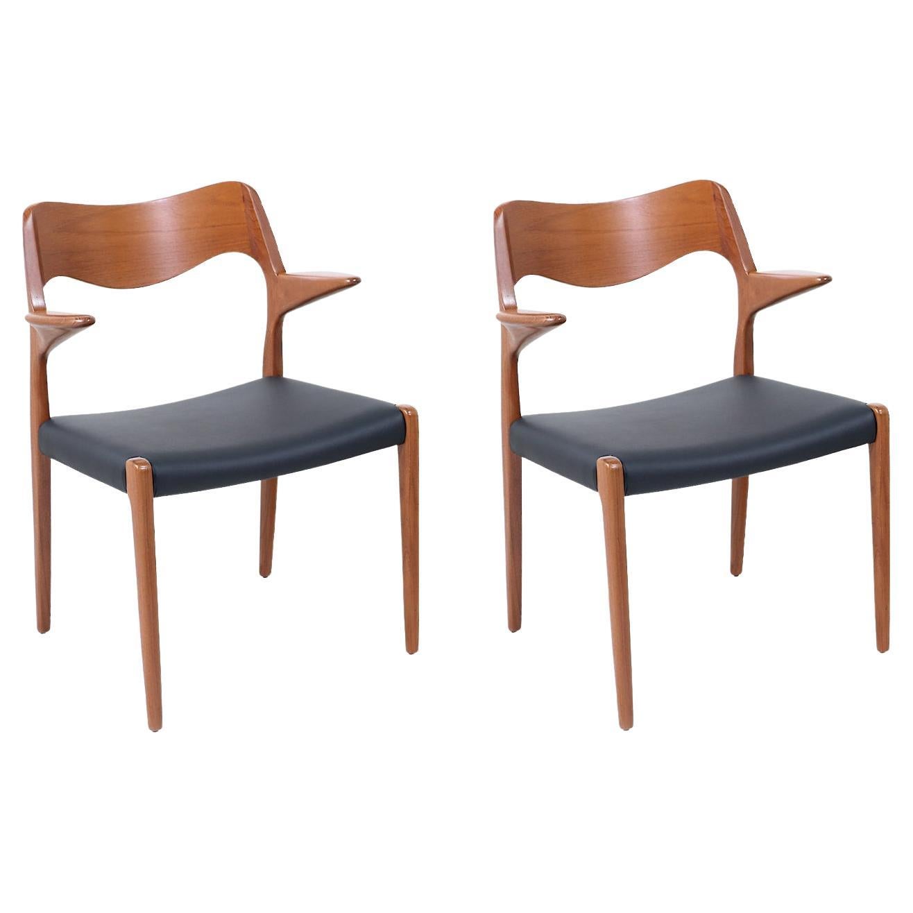 Fauteuils en cuir et teck Niels Møller Model-71 pour I.L.A. Møllers