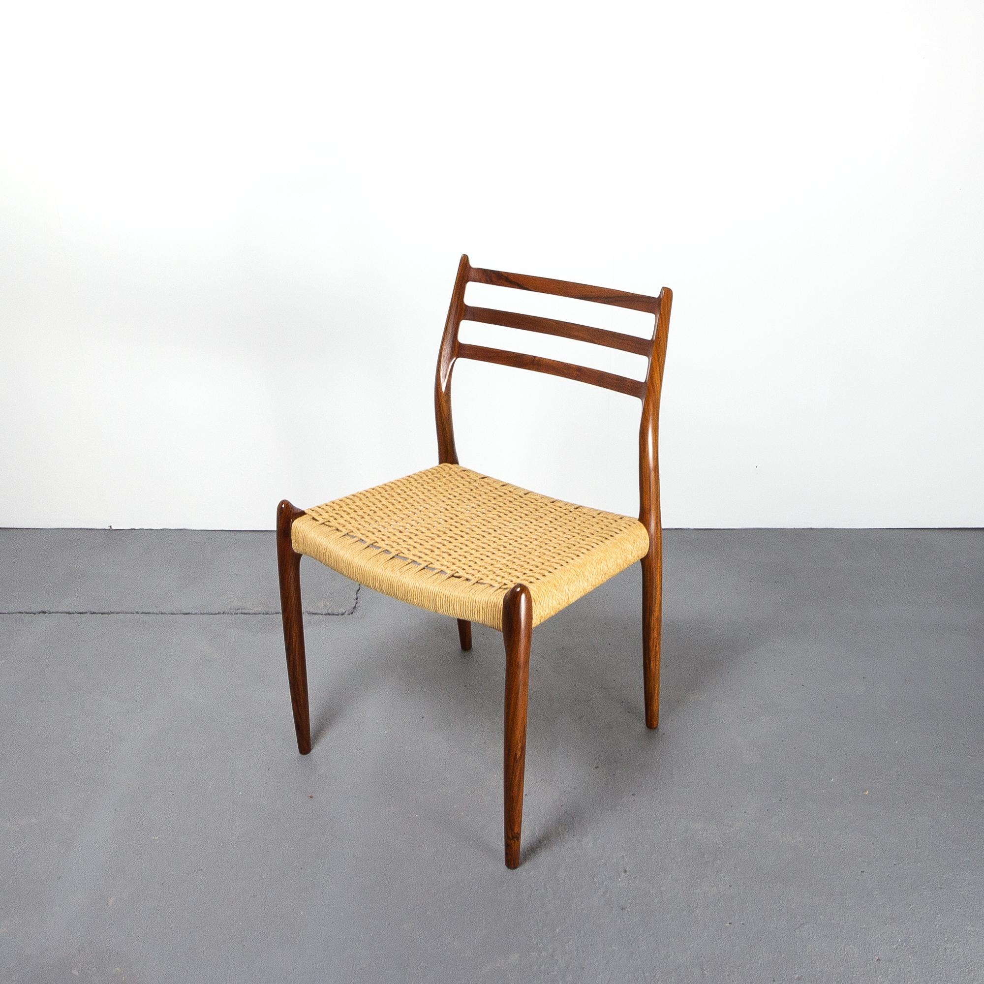 Mid-Century Modern Niels Møller Model 78 Rosewood Papercord Chairs, Set of Six. Denmark 1960s