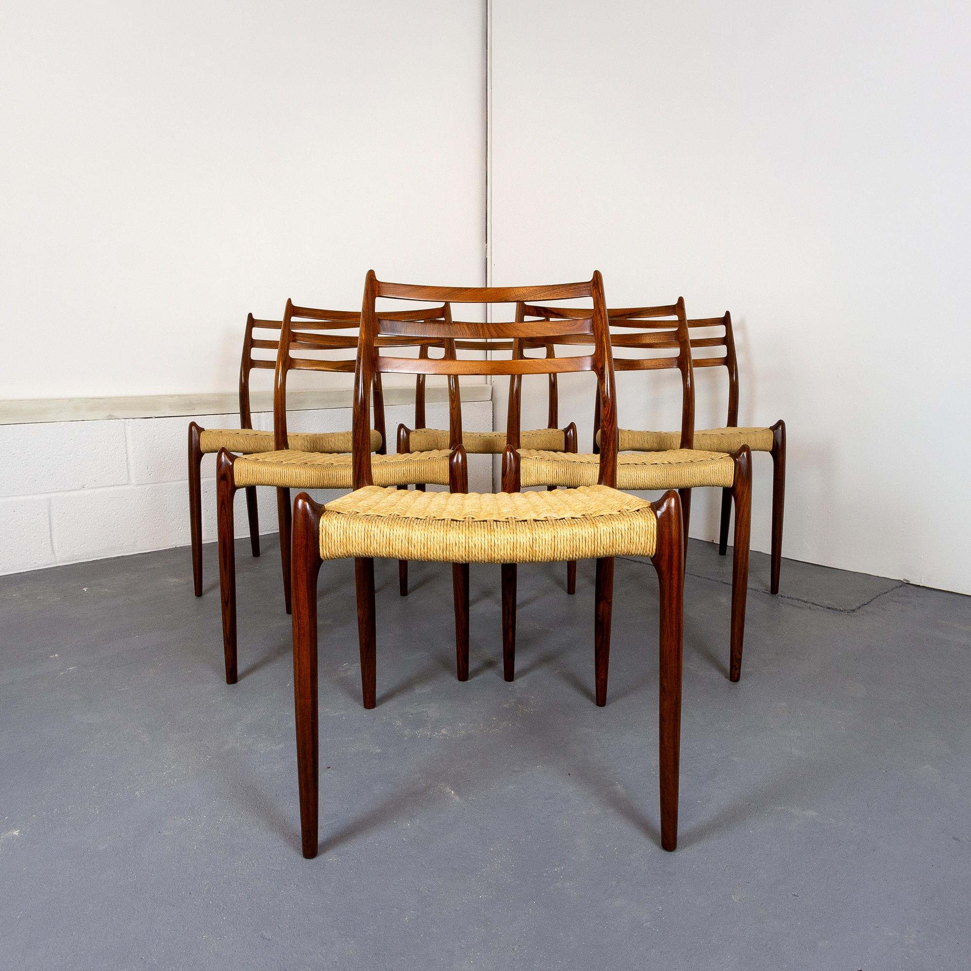 Niels Møller Model 78 Rosewood Papercord Chairs, Set of Six. Denmark 1960s im Zustand „Gut“ in Berkhamsted, GB