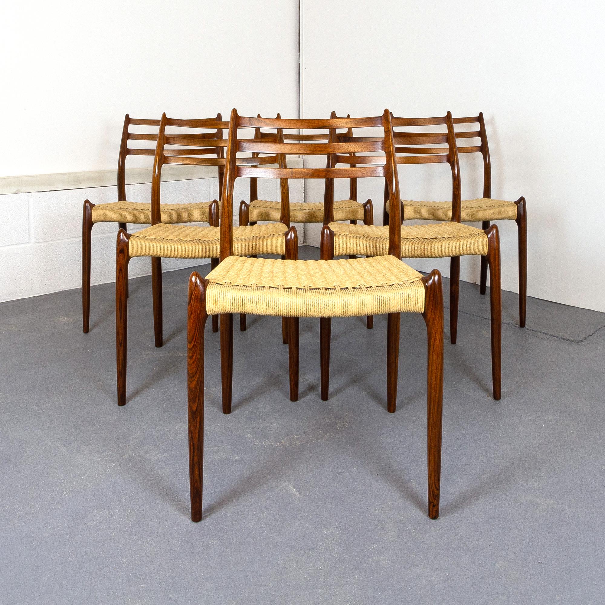 Niels Møller Model 78 Rosewood Papercord Chairs, Set of Six. Denmark 1960s 1