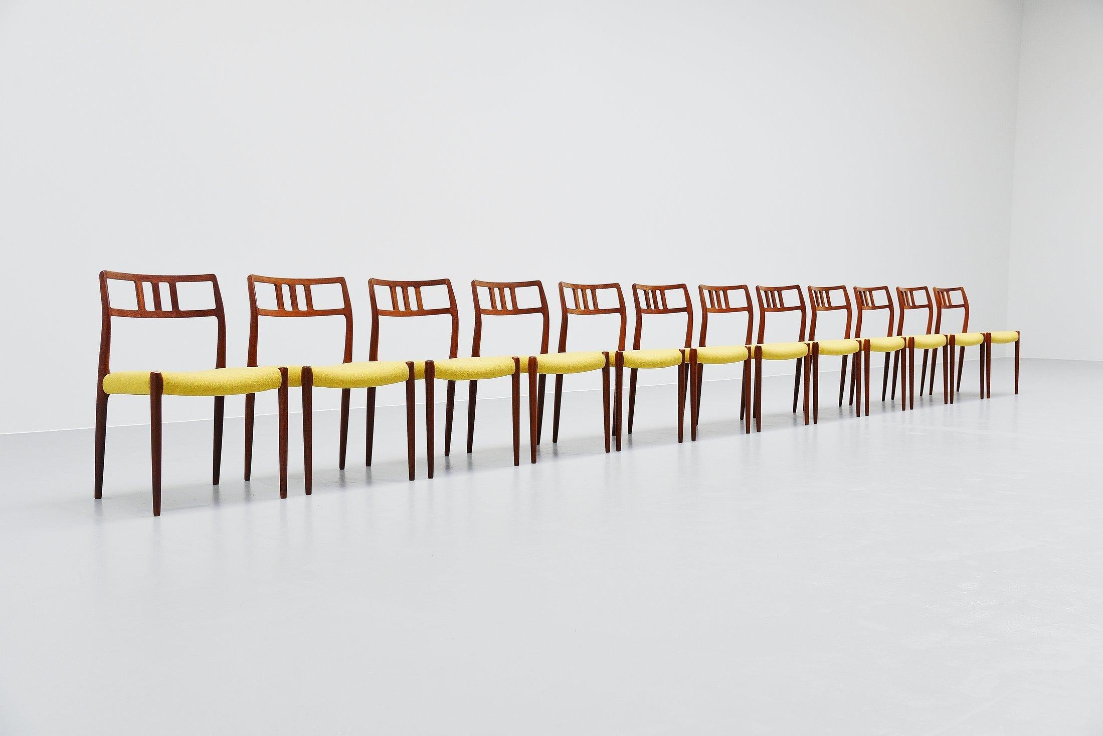 Large set of dining chairs model 79 designed by Niels Møller and manufactured by J.L. Møller Møbelfabrik, Denmark, 1966. This is for a large set of 17 chairs with solid teak frames and they are newly upholstered in yellow 'Flora' fabric by Kvadrat.