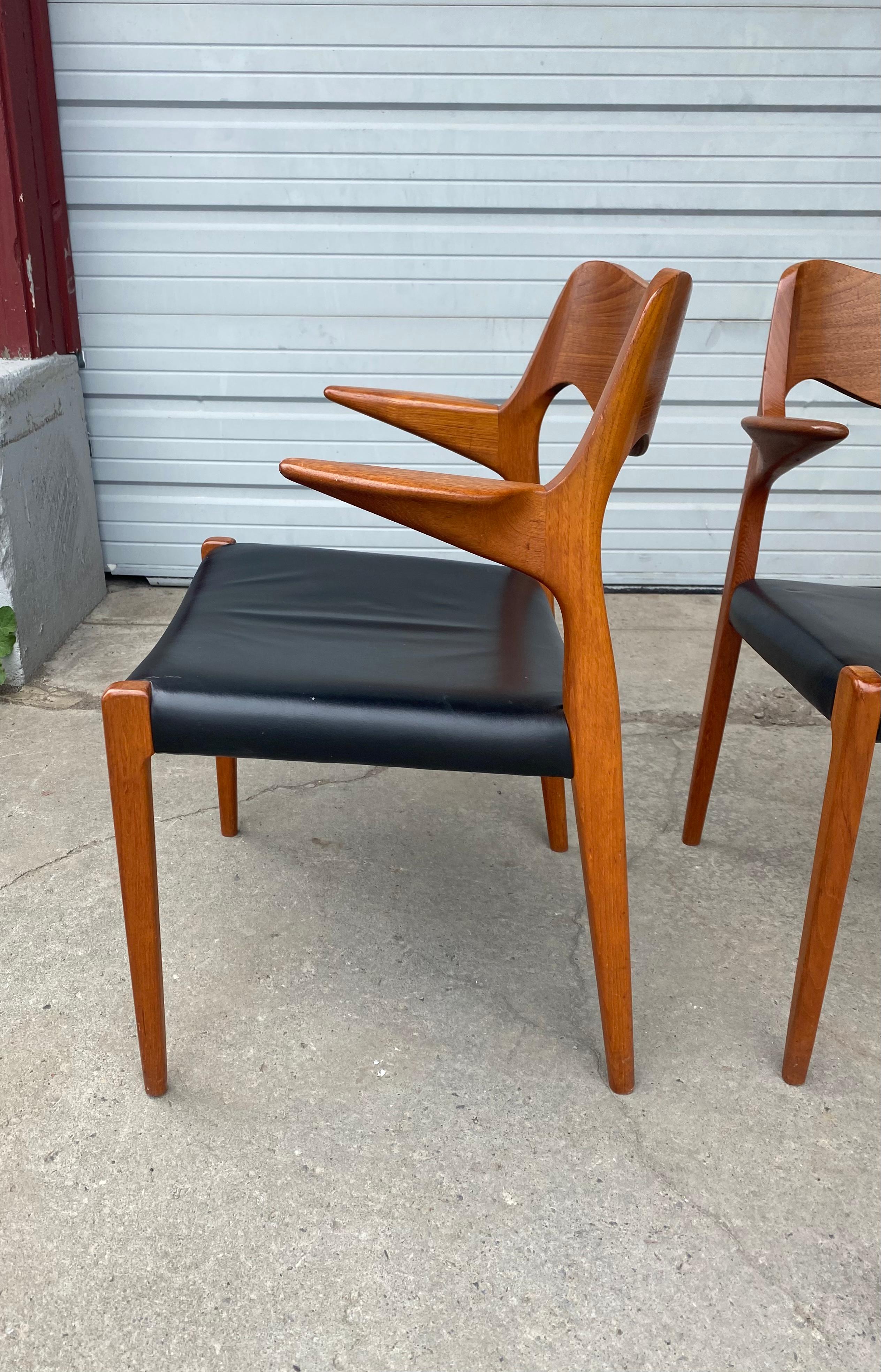 Niels Møller teak / leather Model 55 armchair. Denmark, nice original condition, retains original ink stamp, price per chair, open to offers for set of 4.