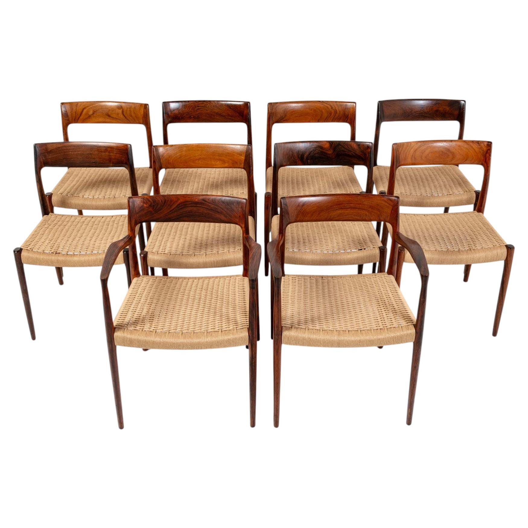 Stühle von Niels Moller: acht Modell 77, zwei Modell 57, Palisander und Papierkordel