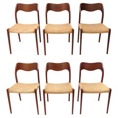 Niels Moller Danish Modern Teak and Papercord Model 71 Dining Chairs Set of Six