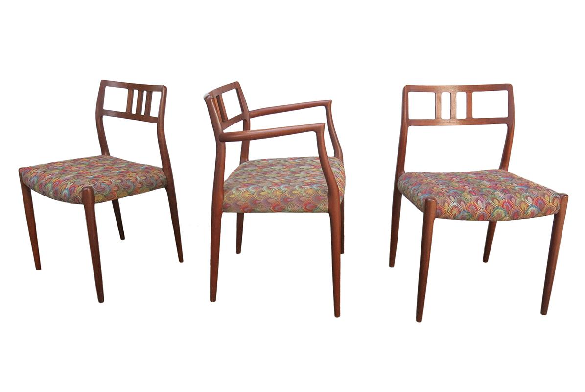 Set of six Niels Otto Moller, 1920 - 1981, dining chairs including five model 79 side chairs and one model 64 arm chair. Thoughtfully designed with subtle curves and simple lines created by one of the icons of the Danish design movement. The chairs