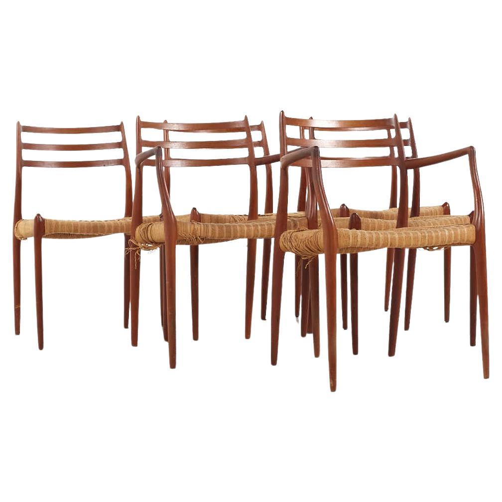 Chaises de salle à manger danoises du milieu du siècle dernier en teck et rotin Niels Moller, lot de 6