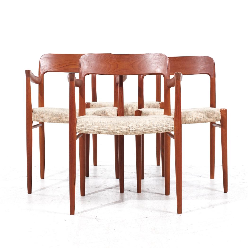 Niels Moller Mid Century Danish Teak Model 77 Dining Chairs - Set of 4

Each armless chair measures: 19.75 wide x 17 deep x 29 high, with a seat height of 17.5 inches
Each captains chair measures: 22.75 wide x 19 deep x 30 high, with a seat height