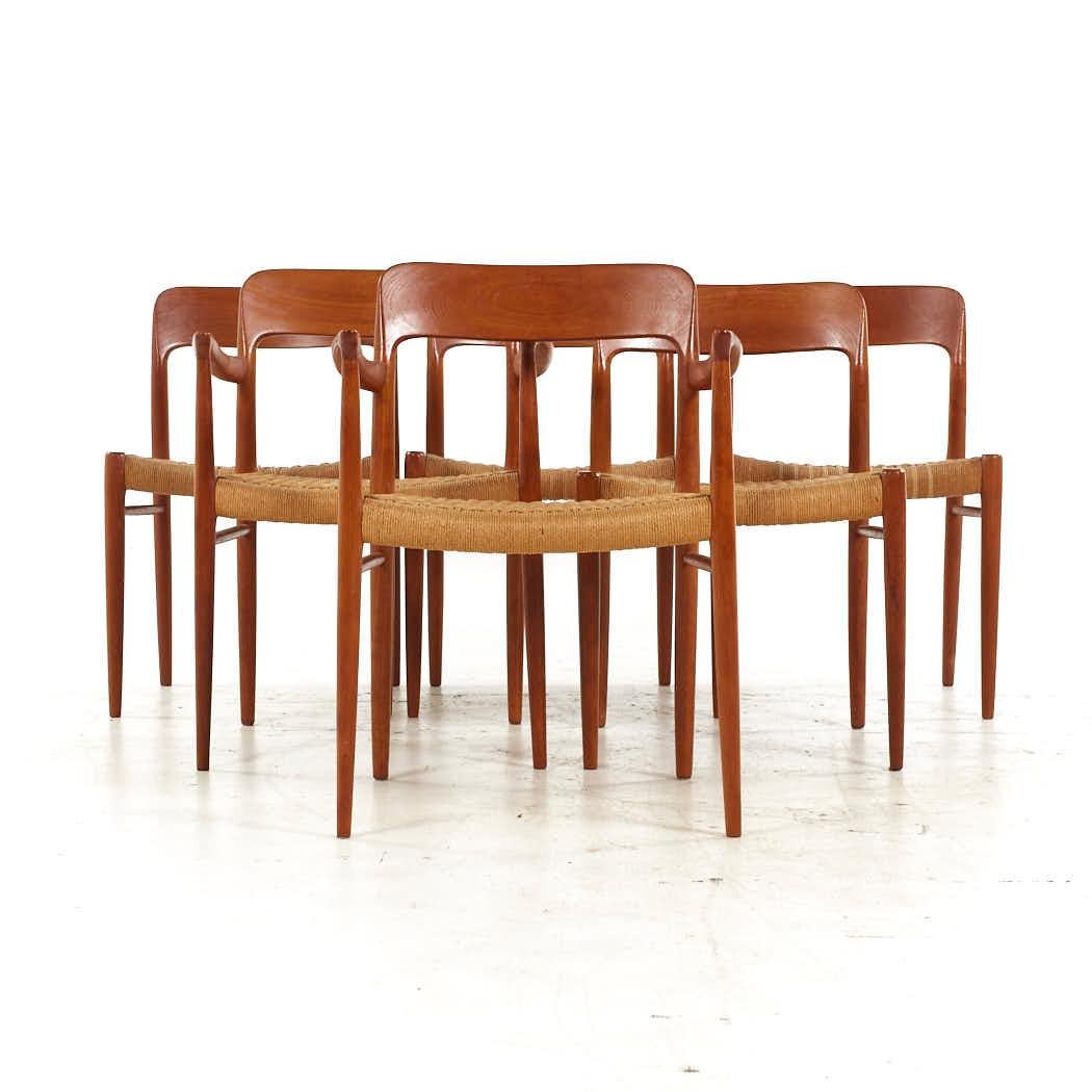 Niels Moller Mid Century Model 75 Danish Teak Dining Chairs - Set of 6

Each armless chair measures: 20 wide x 18.5 deep x 29.75 high, with a seat height of 18 inches
Each captains chair measures: 22.75 wide x 20 deep x 30.5 high, with a seat height