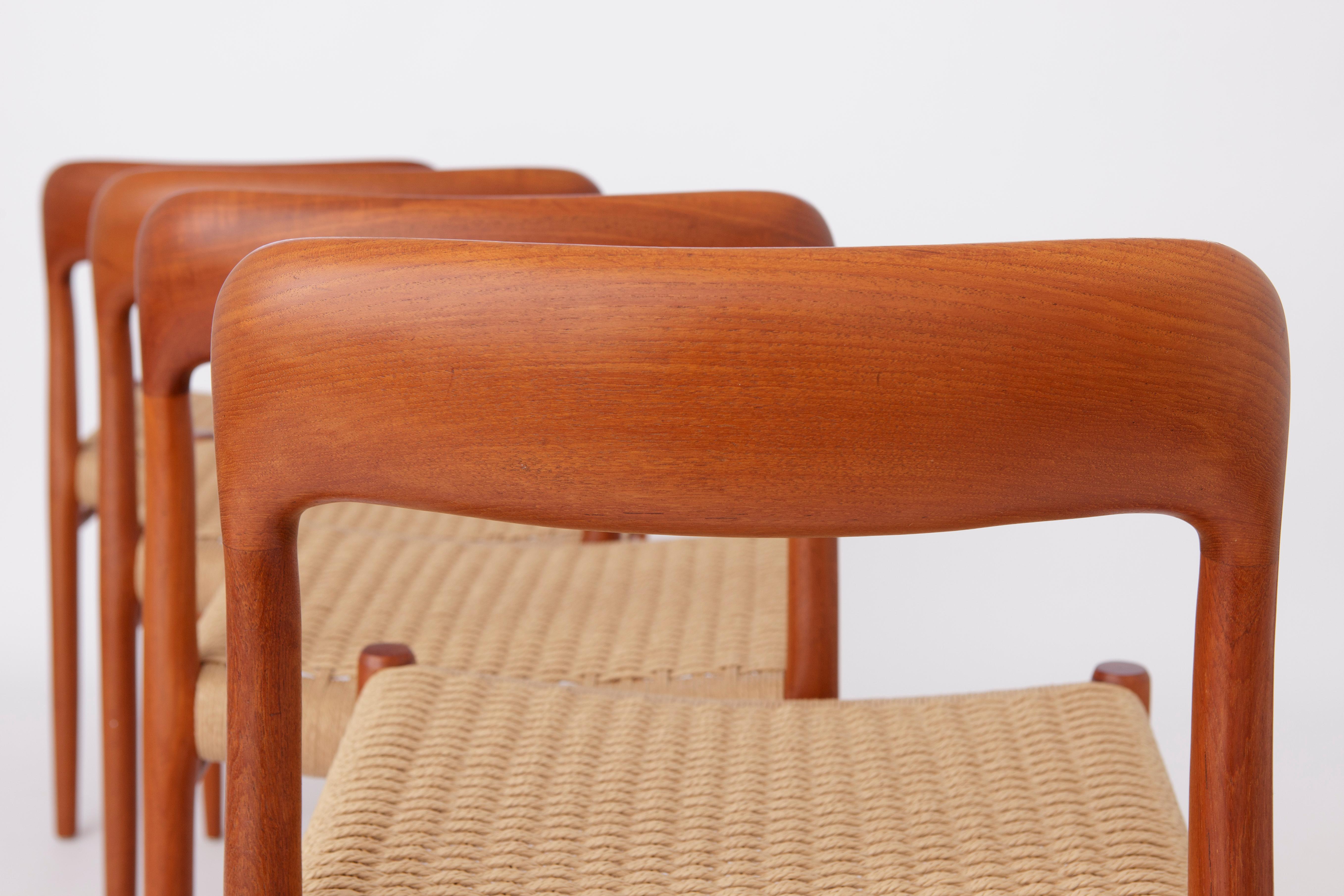 Polished 4 Niels Moller Midcentury Teak Dining Chairs with Papercord Seats, Danish For Sale