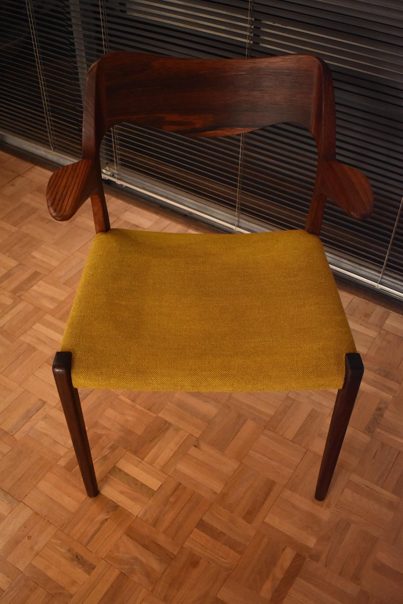 Of all the Moller armchair designs this one is perhaps the hardest to find, particularly in rosewood.

Designed in the early 1950s this chair is such a joy to look at and would look amazing paired with a rosewood desk or just as a stand alone
