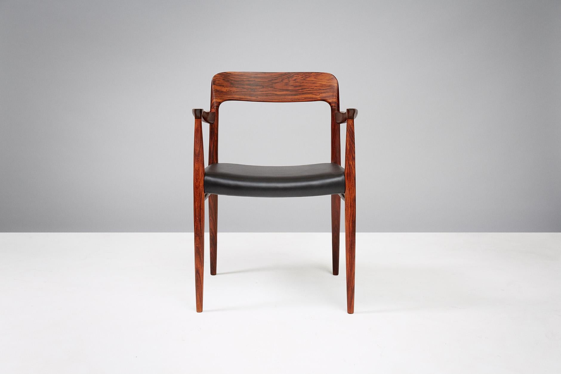 Niels Moller

Model 56 armchair, 1954

The model 56 was one of Niels Moller's earliest designs and remains one of his most popular. This rare example comes in highly figured rosewood and was produced JL Moller Mobelfabrik, Denmark, 1954.
 
