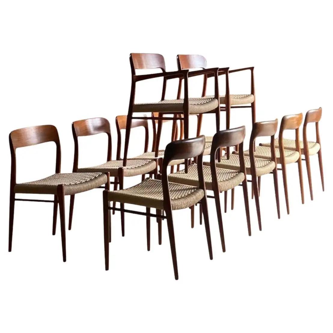 Niels Moller Model 56 & Model 75 Teak & Paper Cord Dining Chairs Set of 12, 1960 For Sale 12