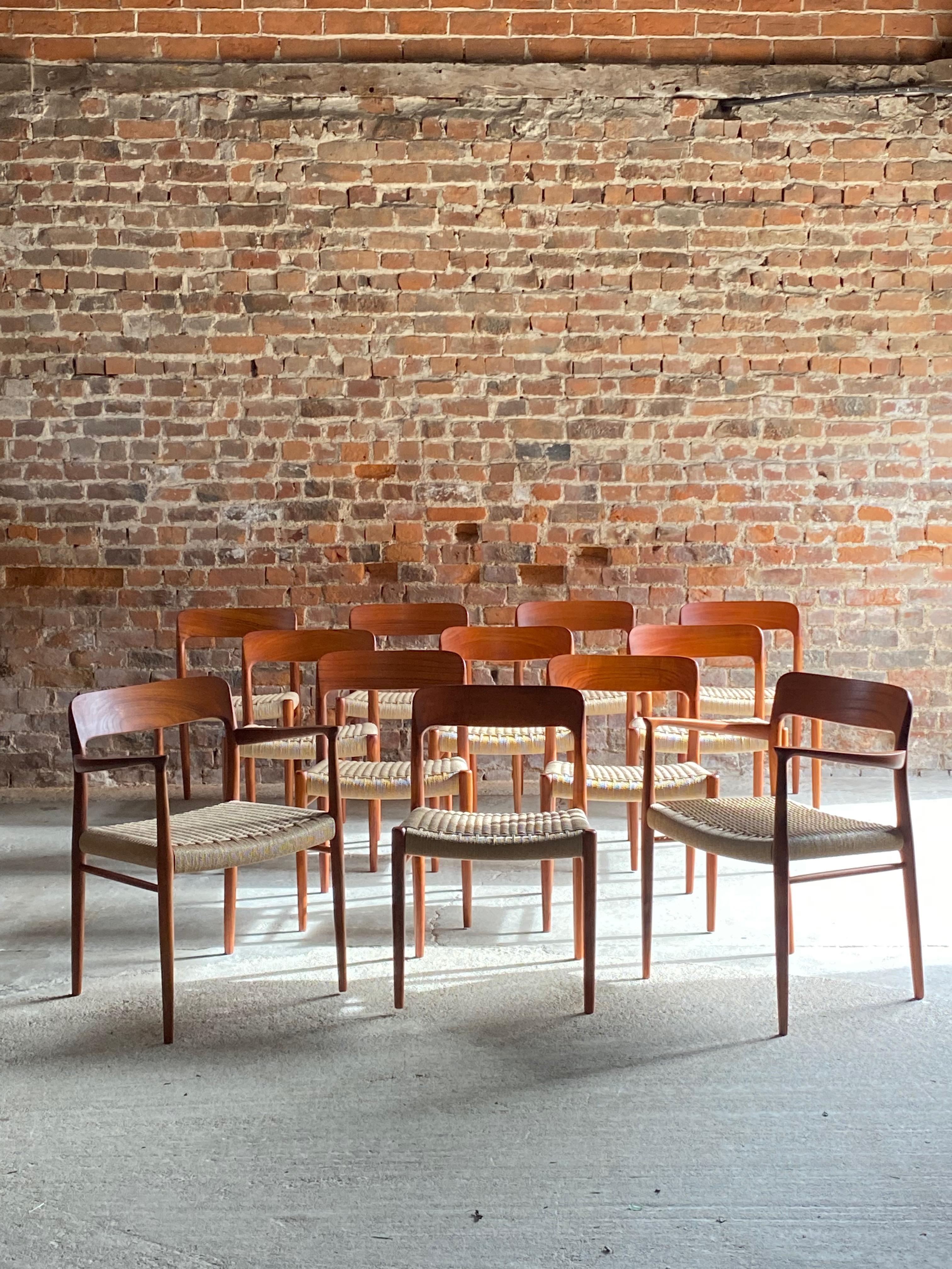 Niels Moller Model 56 & Model 75 teak & paper cord dining chairs set of 12, 1960.

Magnificent set of twelve Niels Otto Møller Model 56 (2) and Model 75 (10) Teak & paper Cord dining chairs manufactured by J.L. Møllers Møbelfabrik Denmark, circa