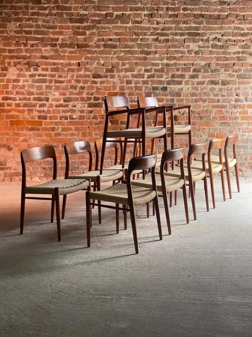 Mid-Century Modern Niels Moller Model 56 & Model 75 Teak & Paper Cord Dining Chairs Set of 12, 1960 For Sale