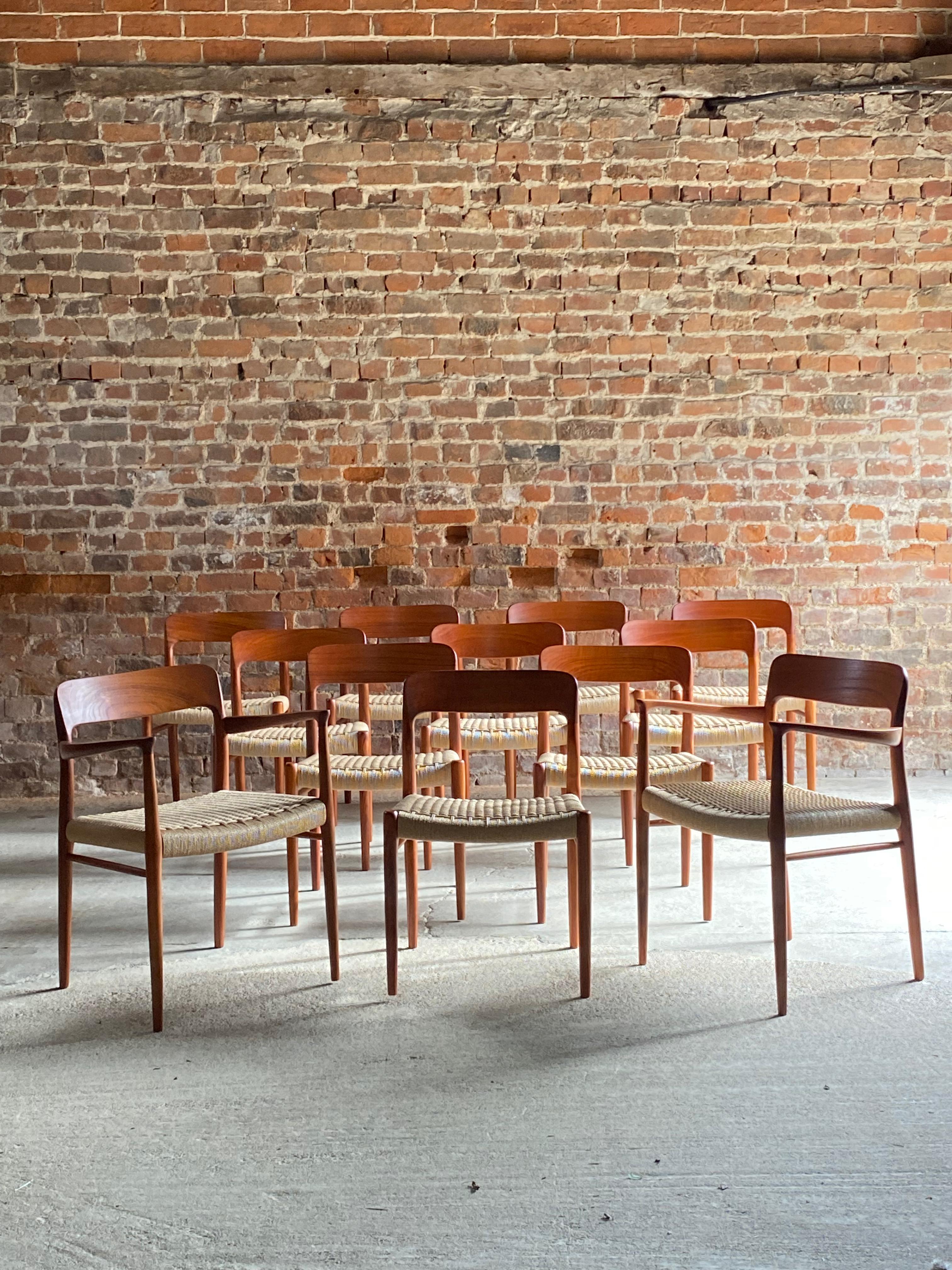 Papercord Niels Moller Model 56 & Model 75 Teak & Paper Cord Dining Chairs Set of 12, 1960 For Sale