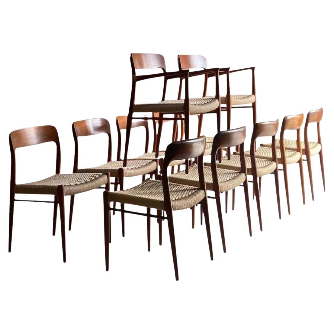 Niels Moller Model 56 & Model 75 Teak & Paper Cord Dining Chairs Set of 12, 1960 For Sale